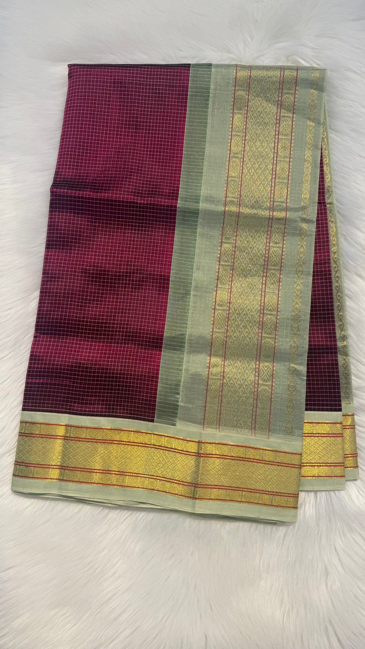 CHECKED PURPLE WITH CONTRAST CREAM KANCHIPURAM SILK COTTON (KSC77)