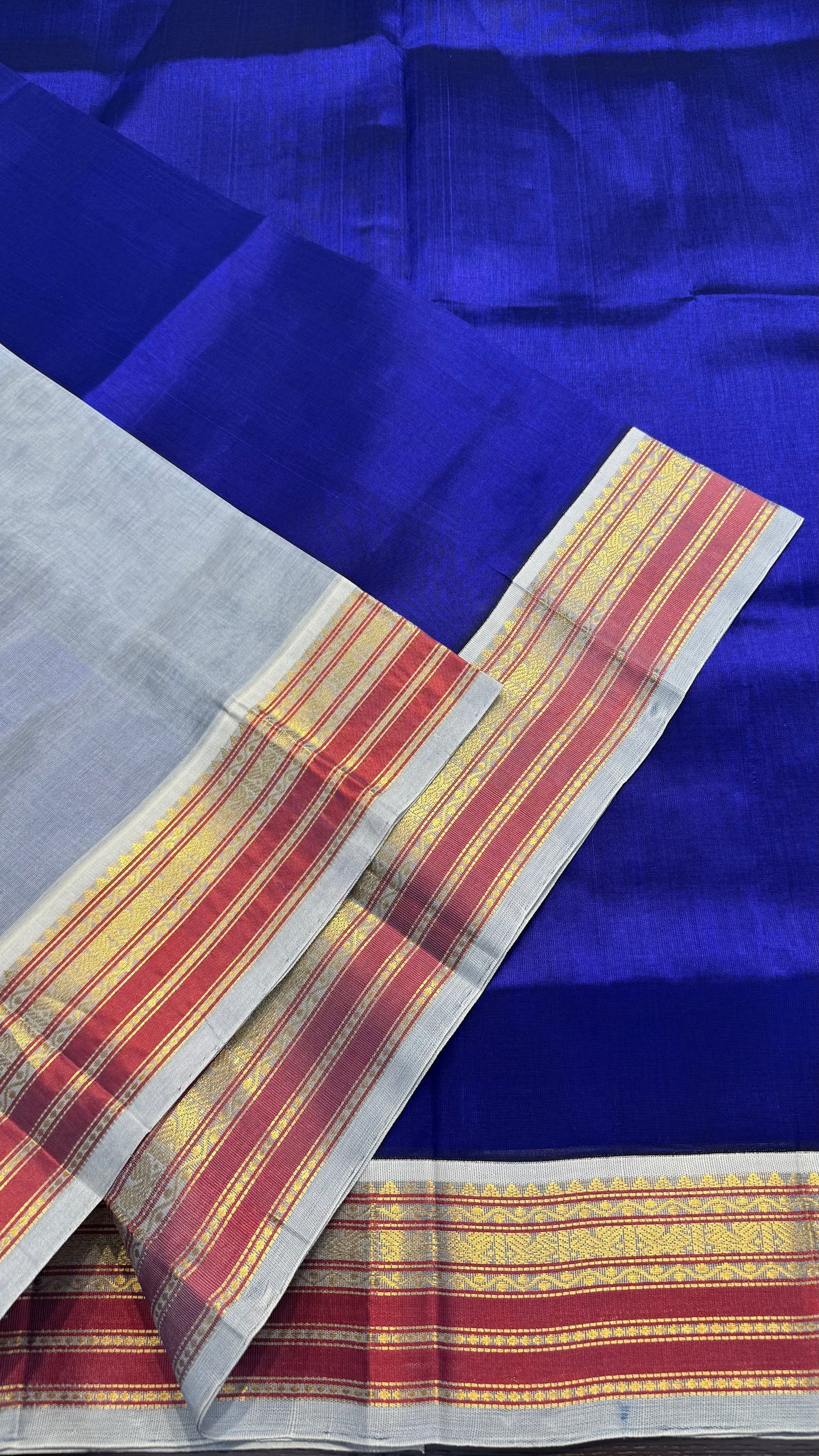 ROYAL BLUE WITH CONTRAST ASH GREY KANCHIPURAM SILK COTTON (KSC34)