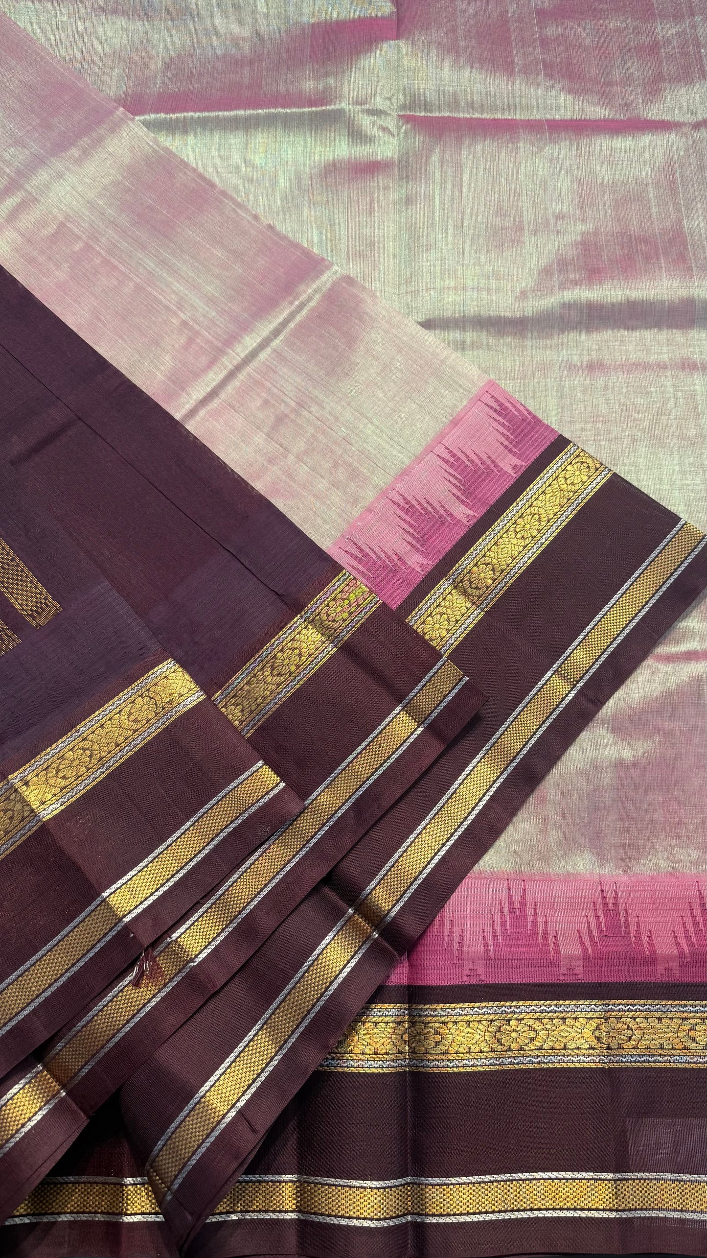 DUAL TONE GREEN PINK WITH MAROON TRADITIONAL RETTAI PETTA BORDER HANDLOOM KANCHIPURAM SILK COTTON (KSC45)