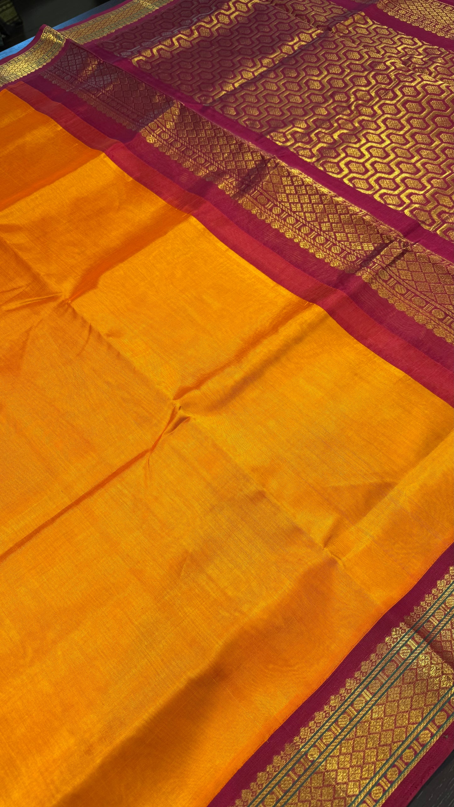 MANGO ORANGE WITH PINK MAROON HANDLOOM KANCHIPURAM SILK COTTON (KSC100)