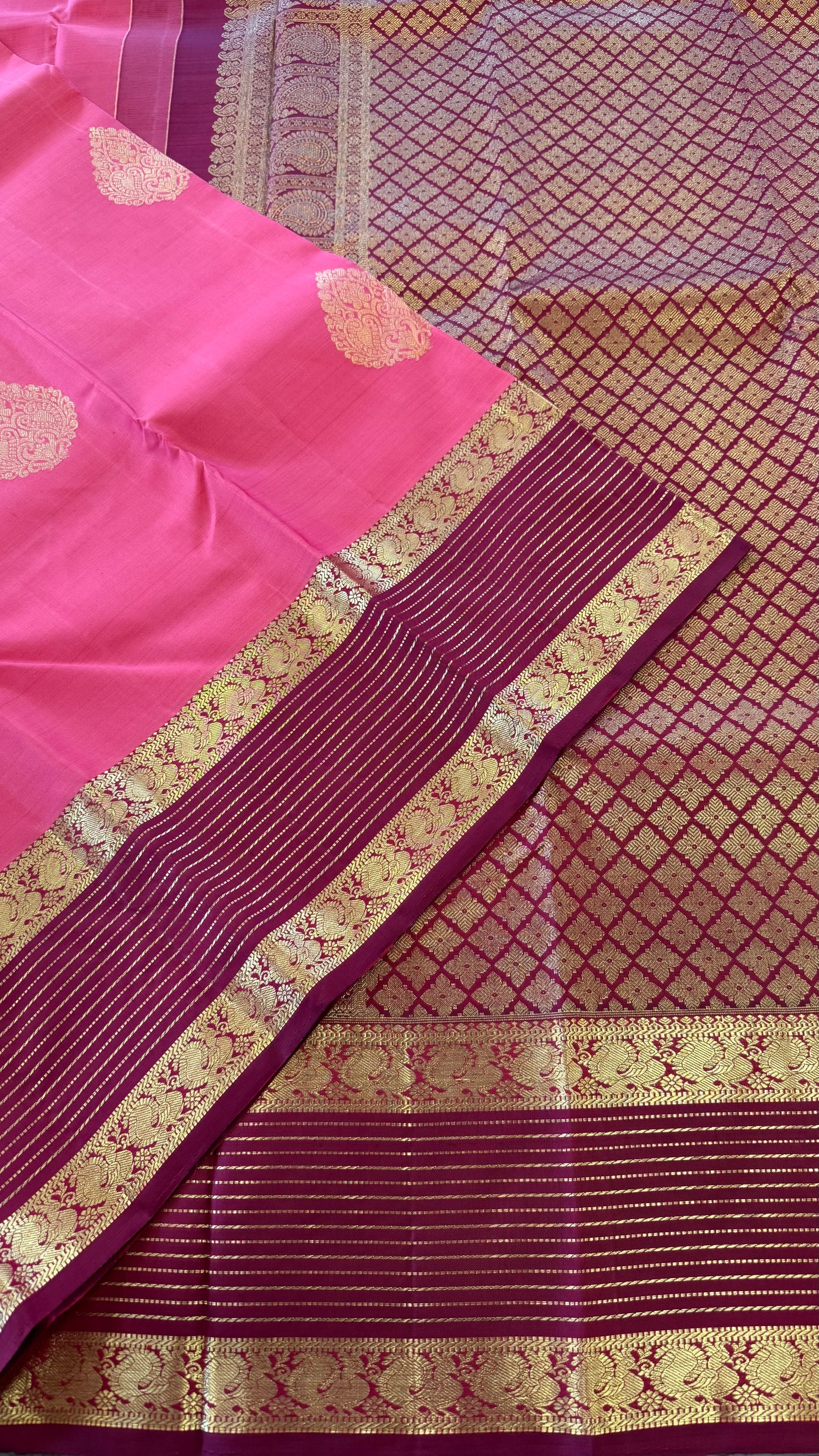 ROSE PINK WITH CONTRAST MAROON GOLD ZARI HANDLOOM KANICHIPURAM SILK SAREE (KSS158)