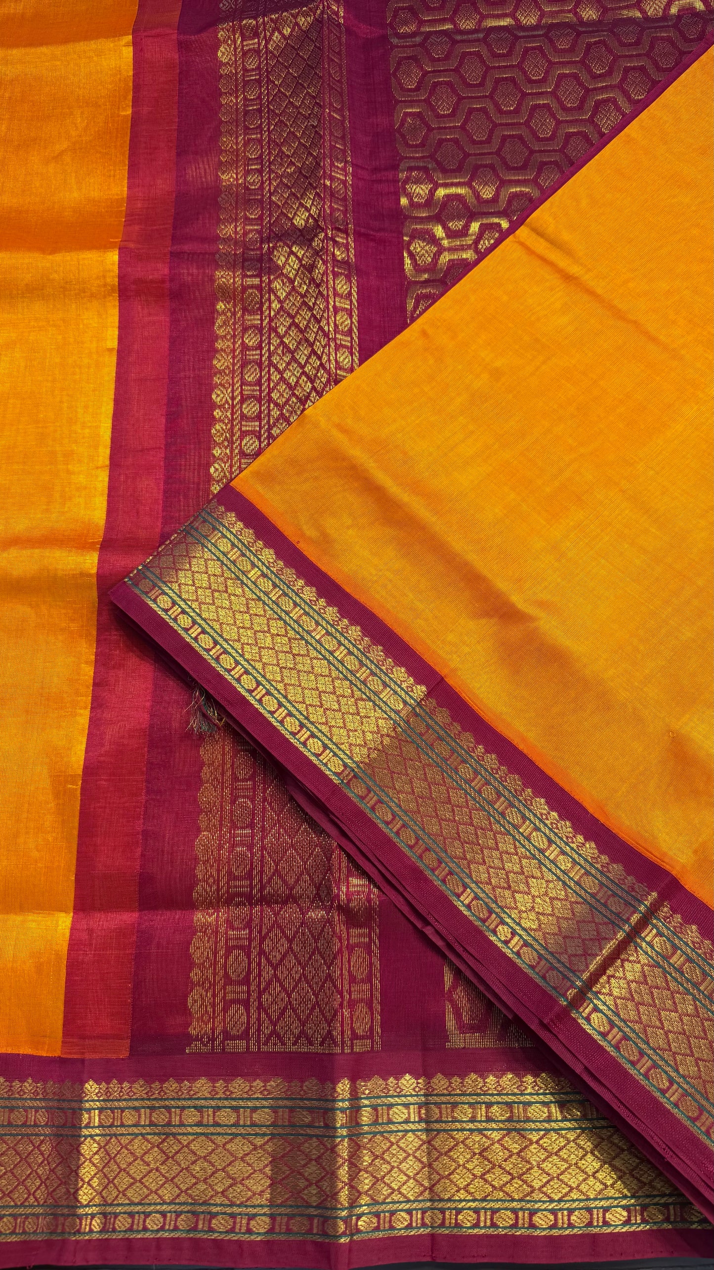 MANGO ORANGE WITH PINK MAROON HANDLOOM KANCHIPURAM SILK COTTON (KSC100)