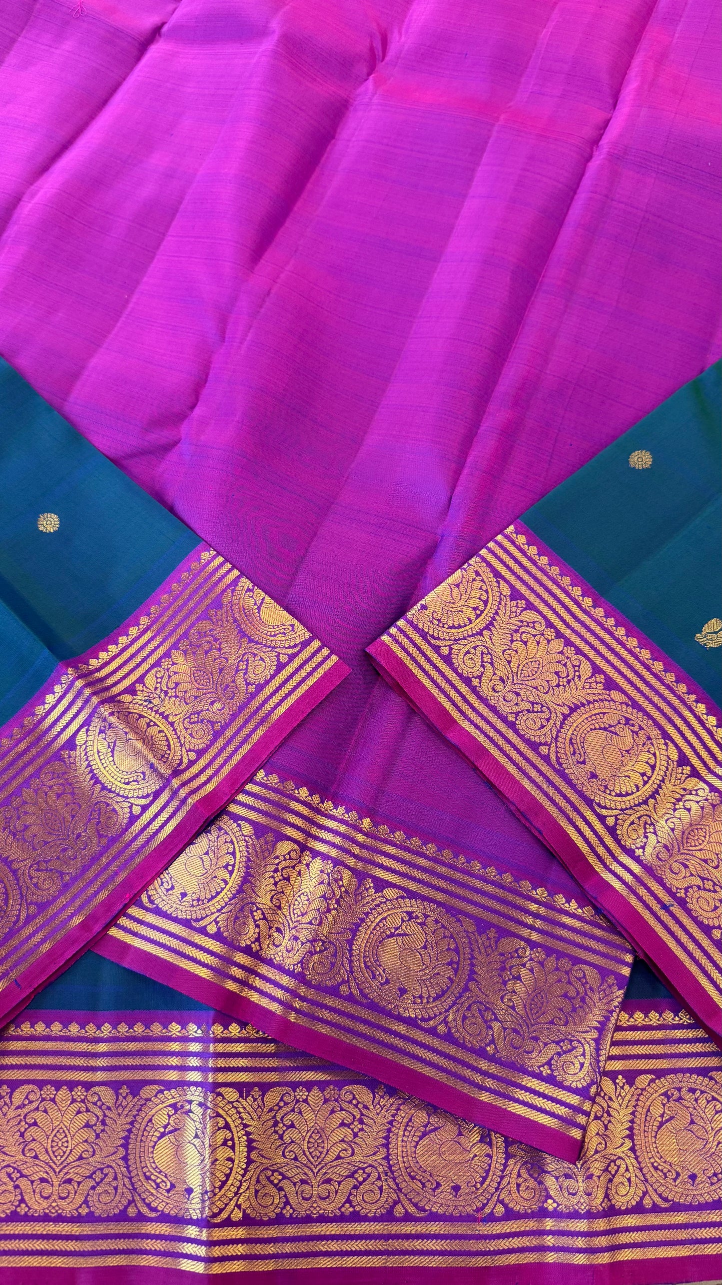 PEACOCK BLUE WITH CONTRAST PURPLE GOLD ZARI HANDLOOM KANICHIPURAM SILK SAREE (KSS122)