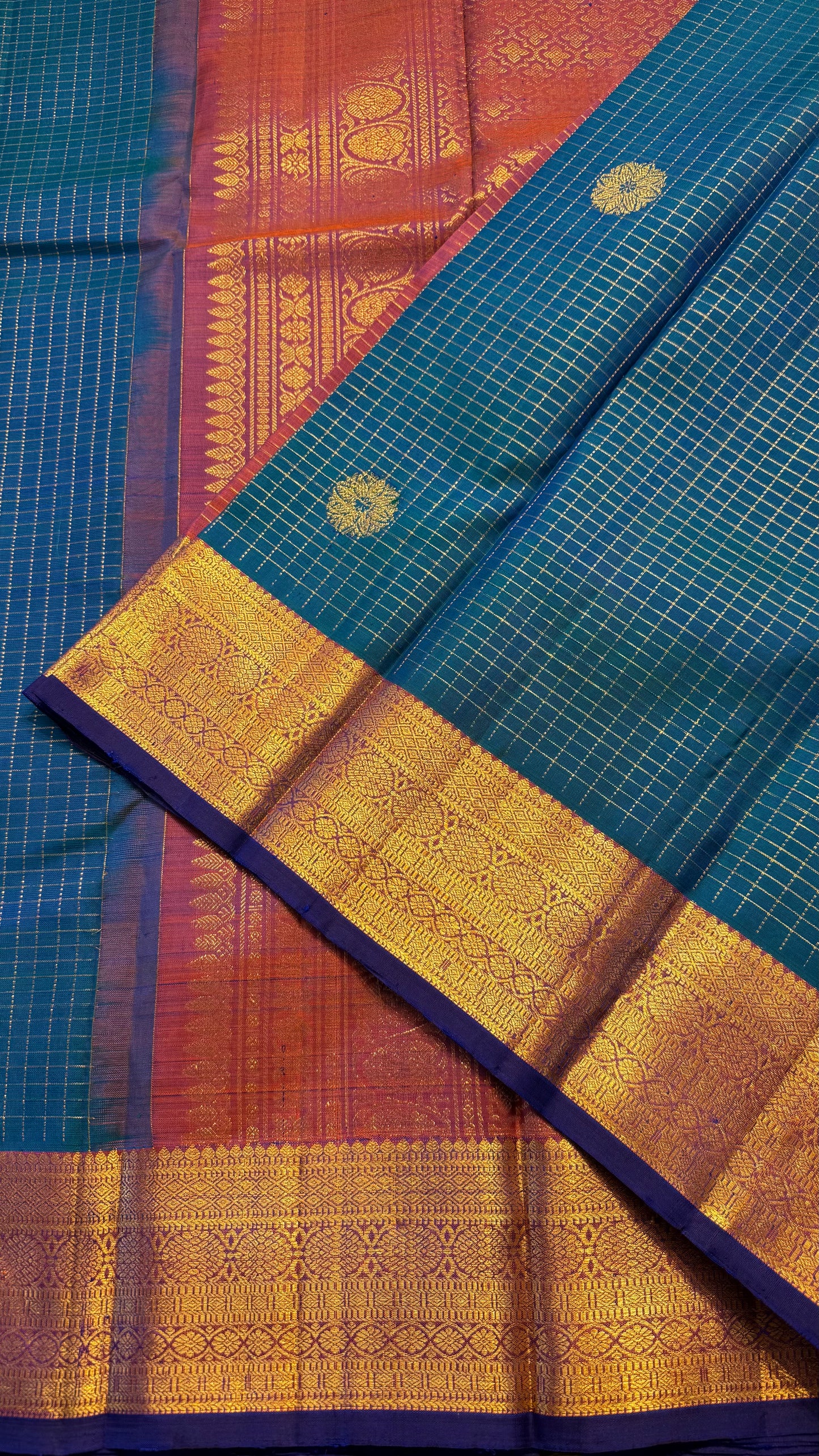 PEACOCK BLUE CONTRAST PURPLE GOLD ZARI HANDLOOM KANCHIPURAM SILK SAREE (KSS435)