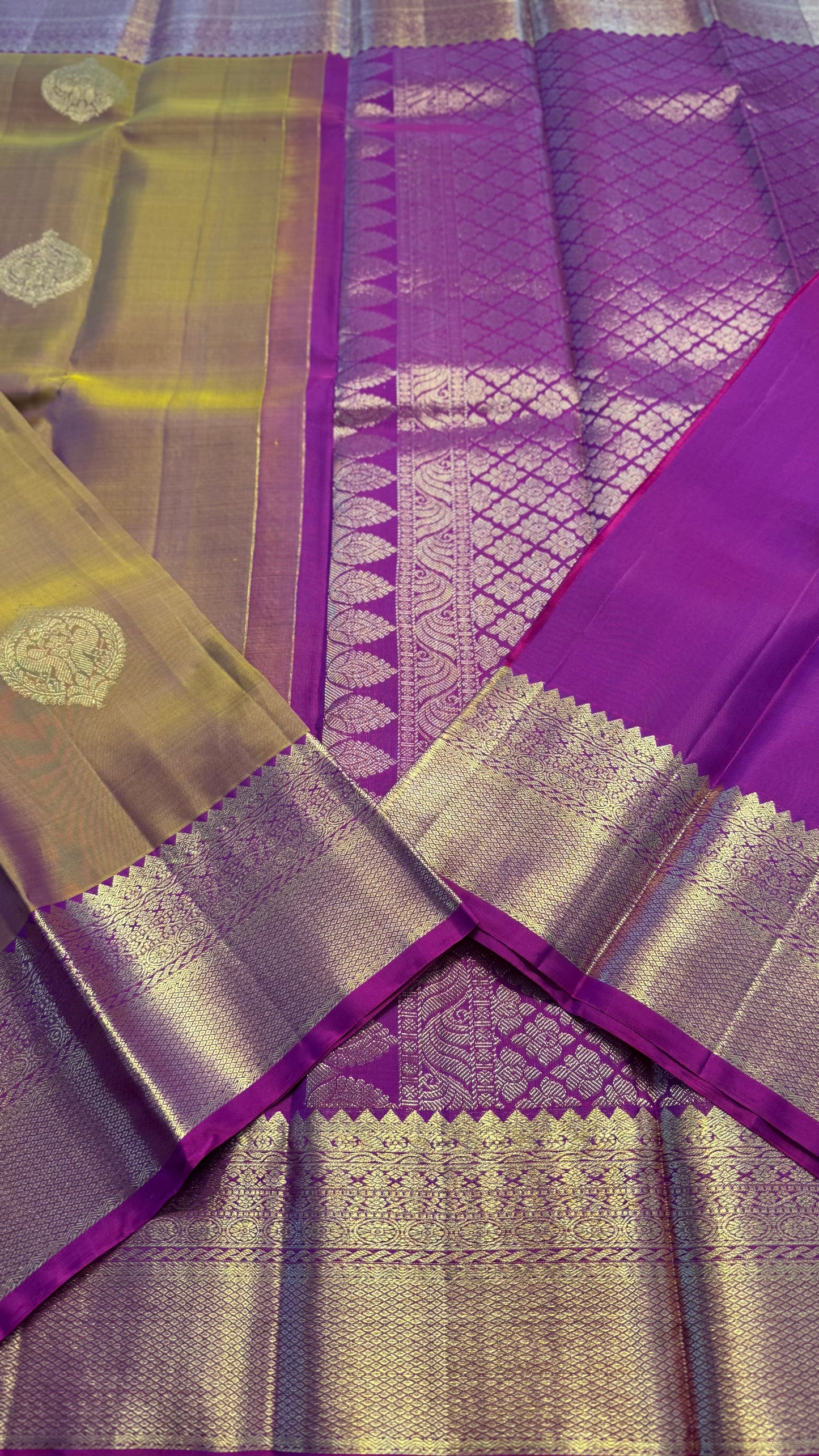 DUAL TONE OLIVE ORANGE WITH PURPLE GOLD ZARI HANDLOOM KANICHIPURAM SILK SAREE (KSS247)