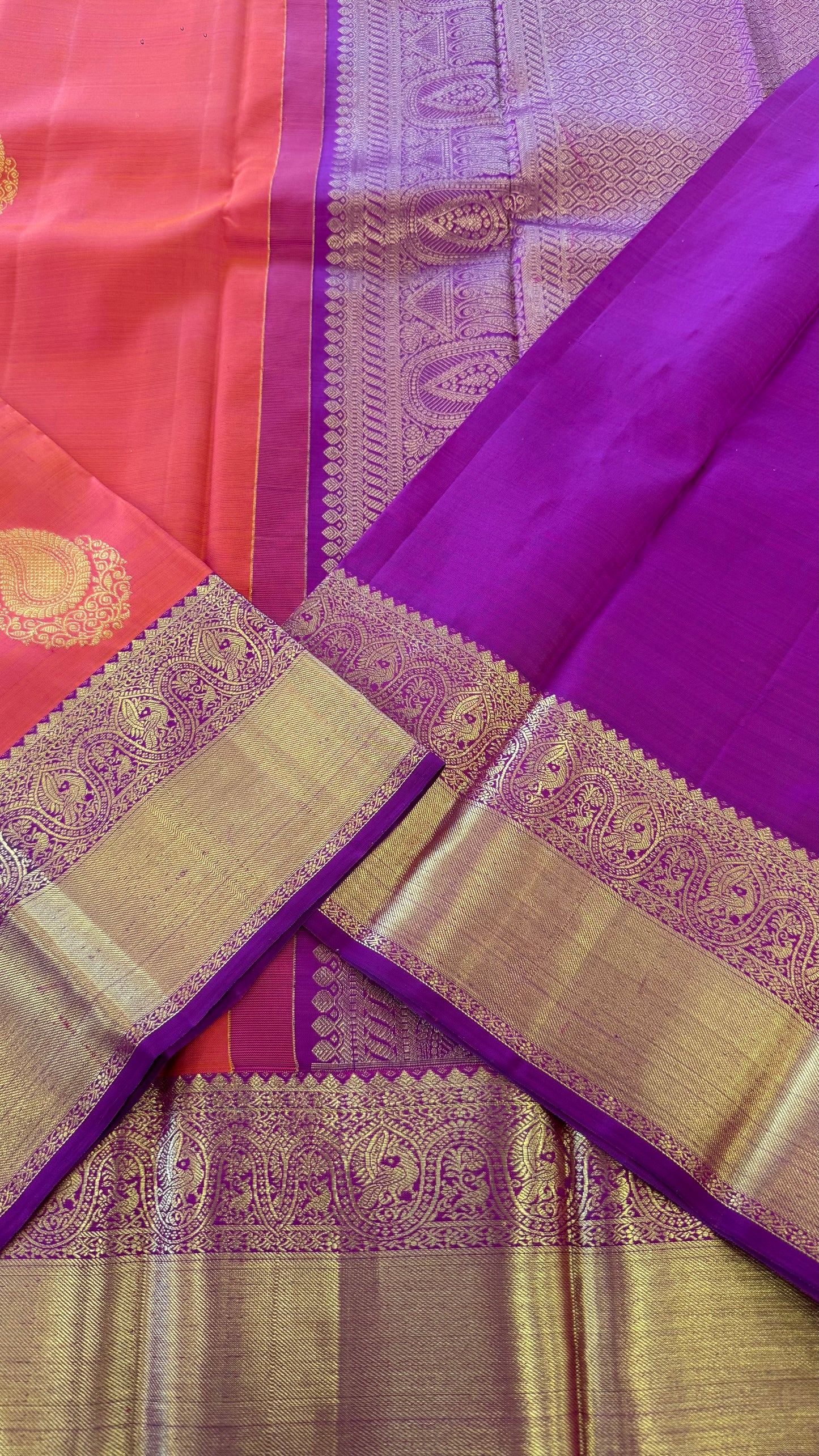DUAL TONE ORANGE WITH CONTRAST VADAMALLI PURPLE GOLD ZARI HANDLOOM KANICHIPURAM SILK SAREE (KSS111)
