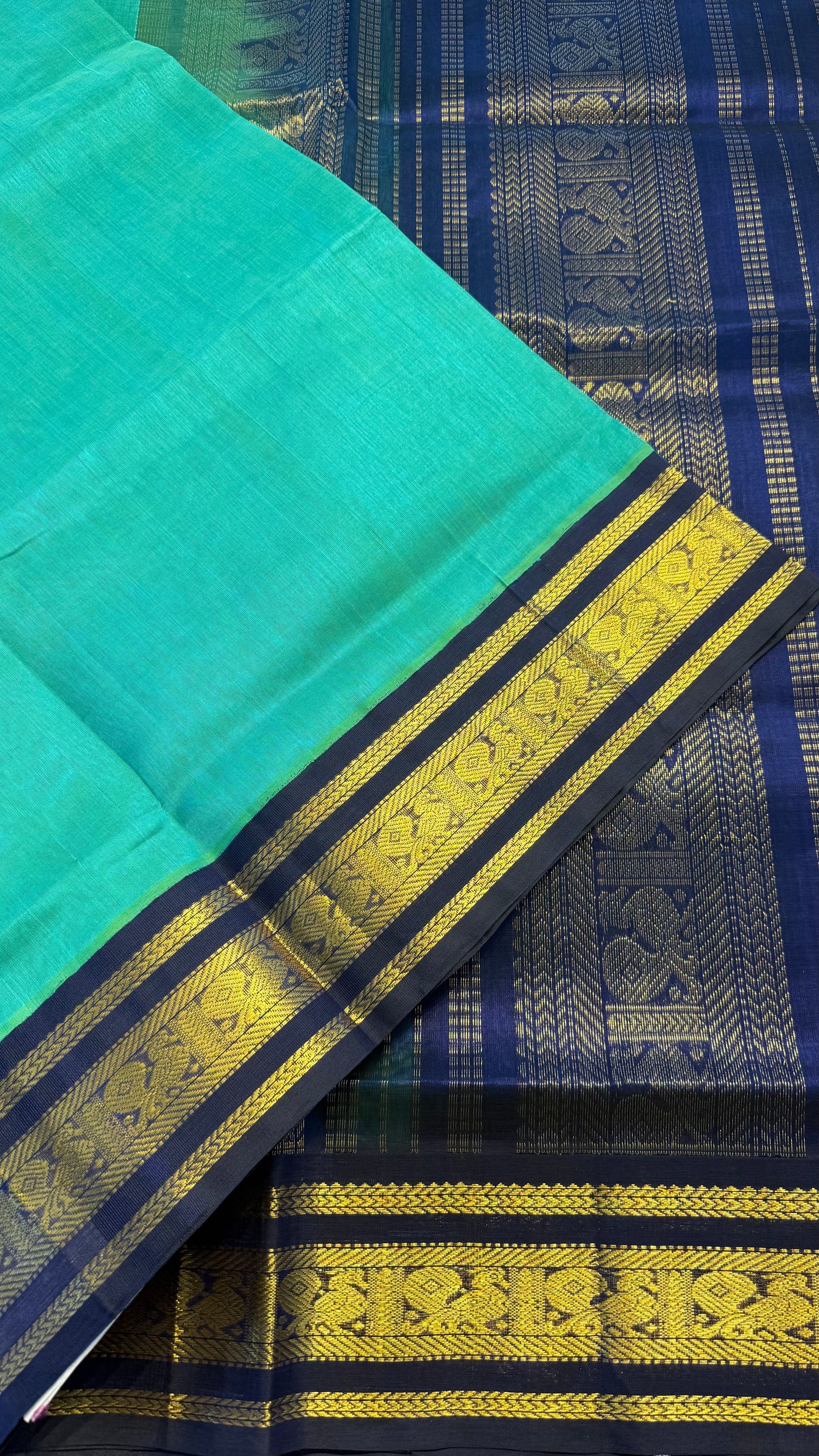 TEAL GREEN WITH DARK BLUE HANDLOOM KANCHIPURAM SILK COTTON (KSC126)