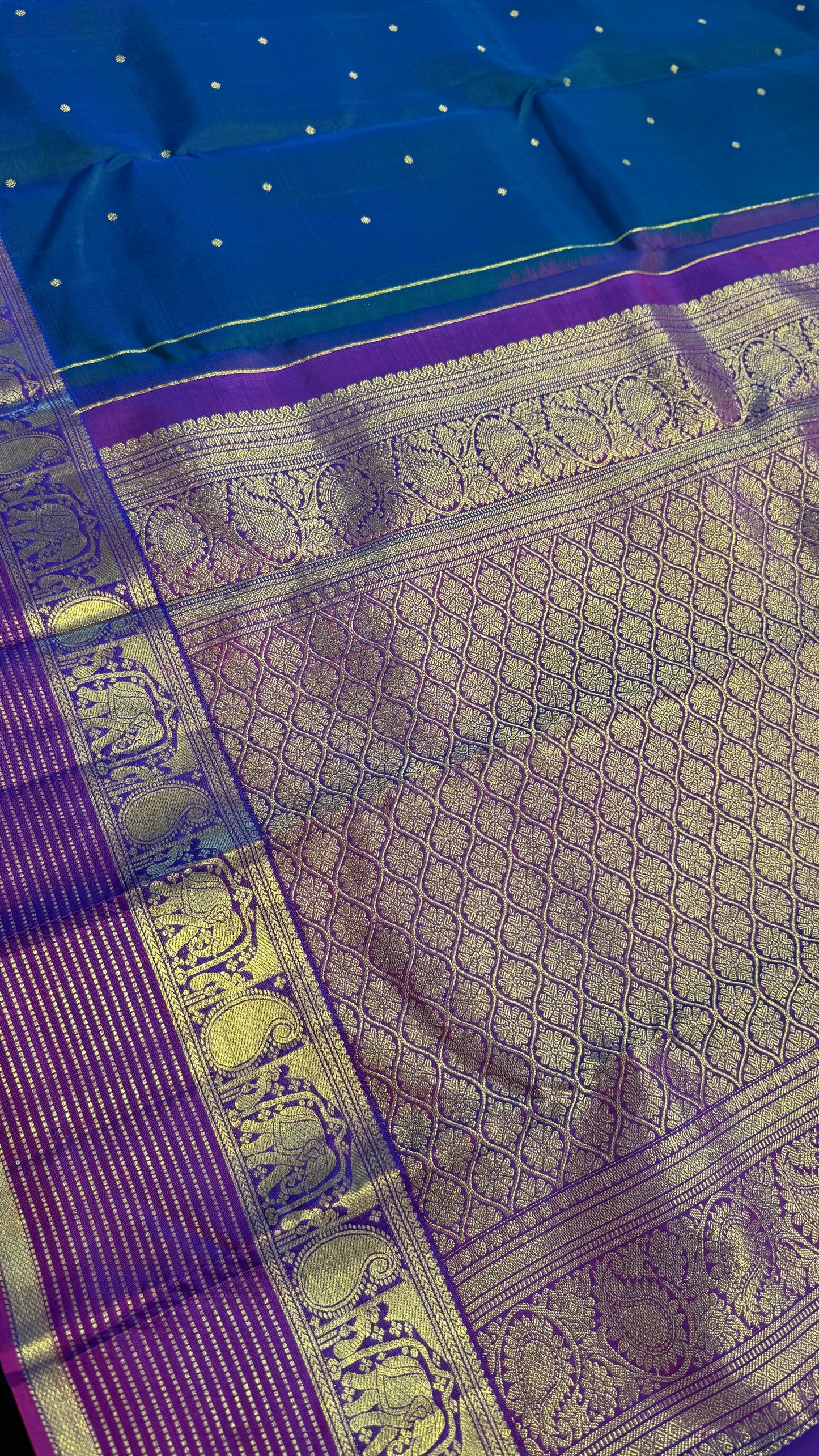 PEACOCK BLUE WITH PURPLE GOLD ZARI HANDLOOM KANICHIPURAM SILK SAREE (KSS241)