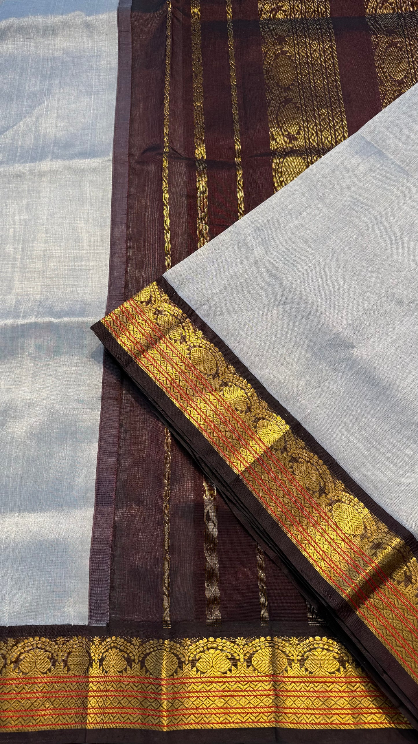 ASH GREY WITH CONTRAST DARK BROWN KANCHIPURAM SILK COTTON (KSC06)