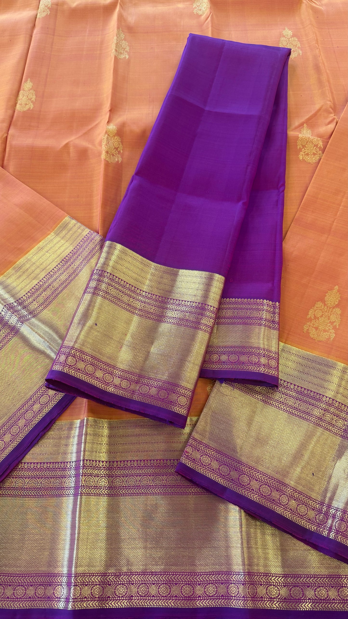 DUAL TONE CARROT WITH CONTRAST VADAMALLI PURPLE GOLD ZARI HANDLOOM KANICHIPURAM SILK SAREE (KSS65)