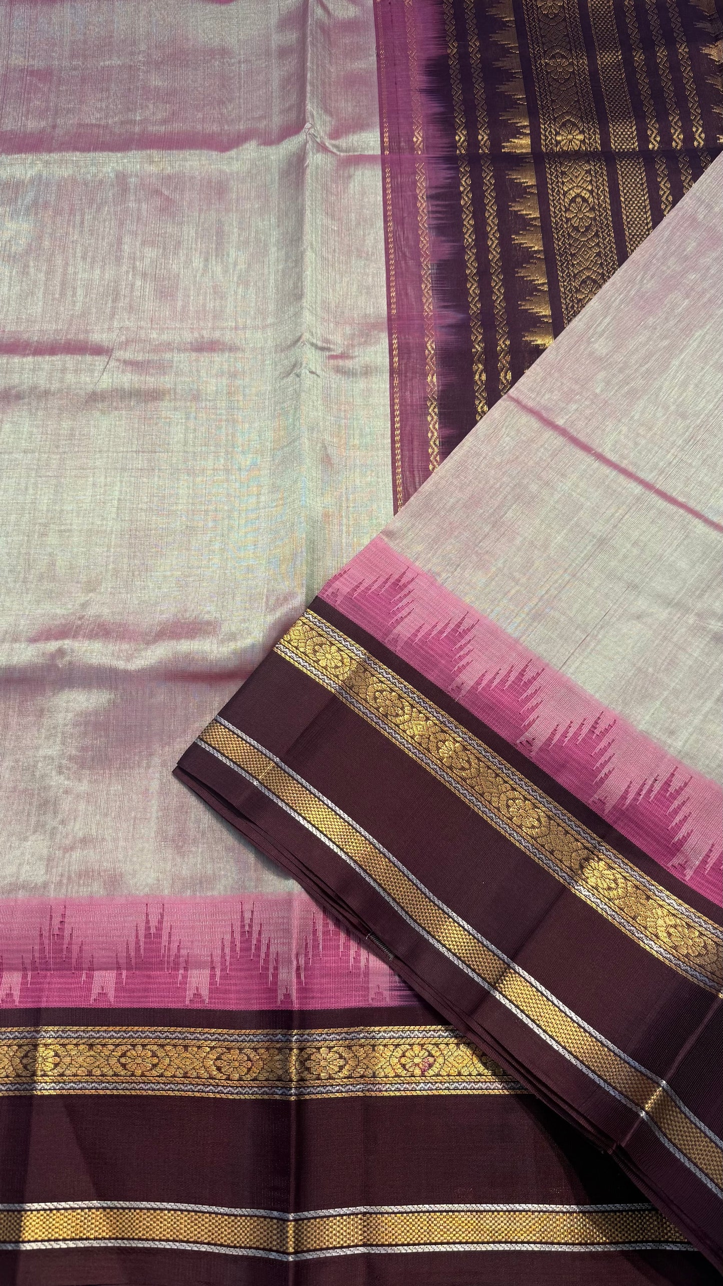 DUAL TONE GREEN PINK WITH MAROON TRADITIONAL RETTAI PETTA BORDER HANDLOOM KANCHIPURAM SILK COTTON (KSC45)