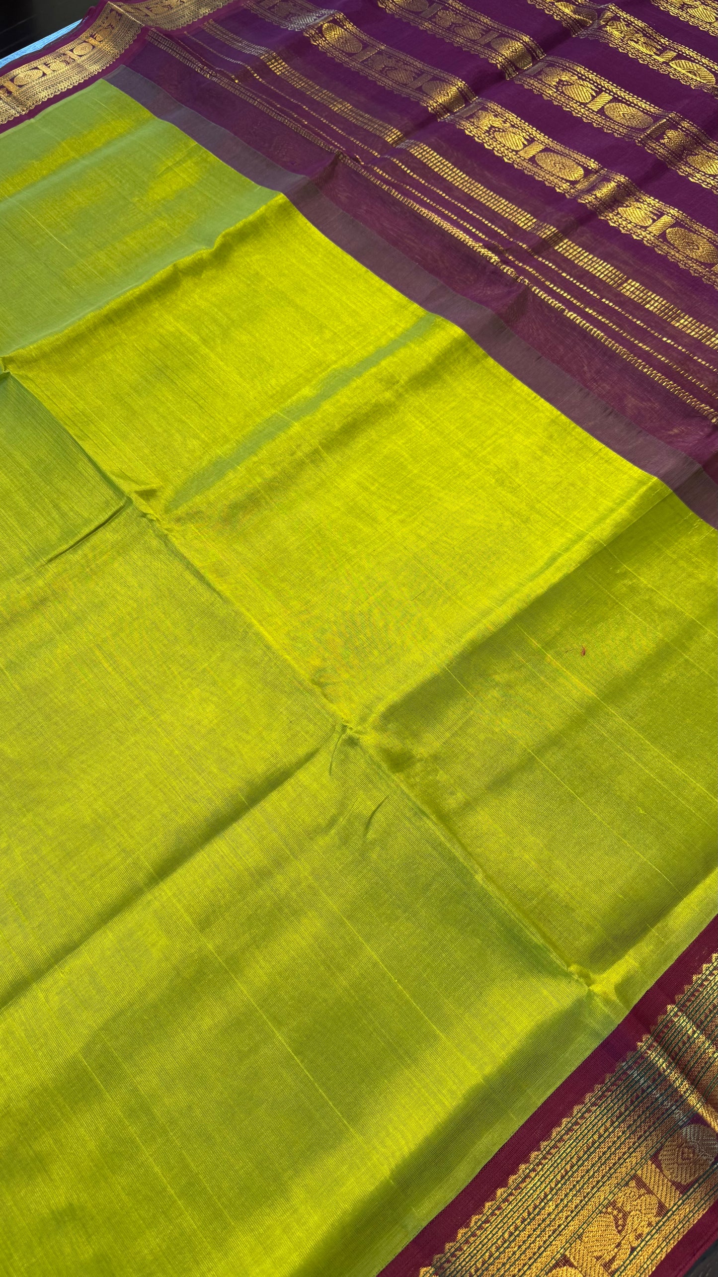 LIME GREEN WITH DARK MAROON HANDLOOM KANCHIPURAM SILK COTTON (KSC97)