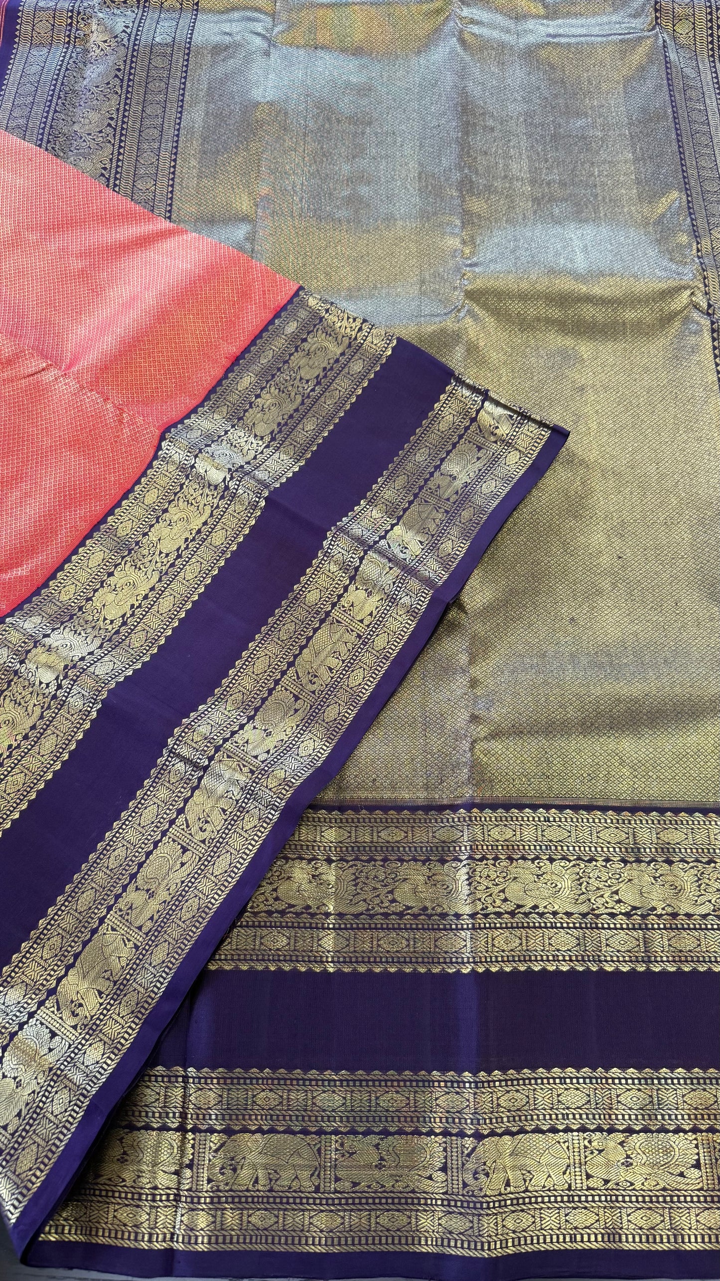 RUST ORANGE WITH CONTRAST DEEP PURPLE GOLD ZARI HANDLOOM KANICHIPURAM SILK SAREE (KSS139)