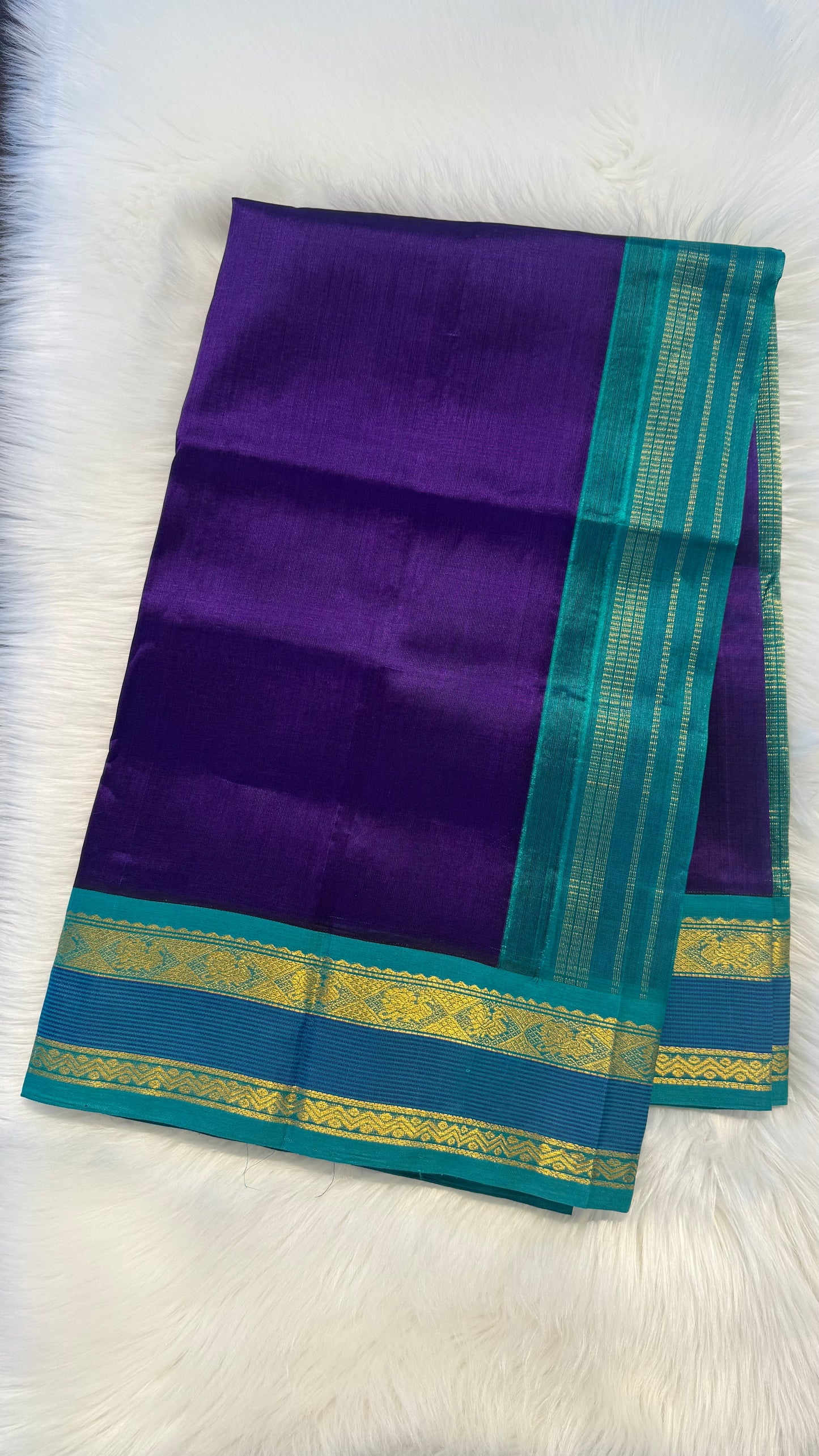 PURPLE WITH DUAL TURQUOISE HANDLOOM KANCHIPURAM SILK COTTON (KSC69)