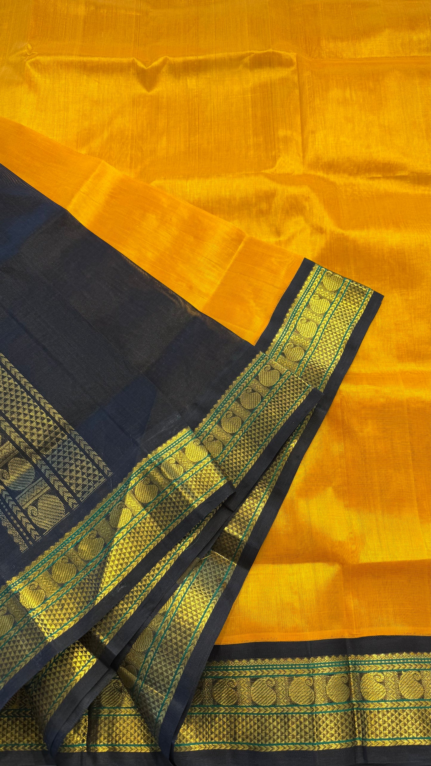 MUSTARD YELLOW WITH BLACK HANDLOOM KANCHIPURAM SILK COTTON (KSC95)