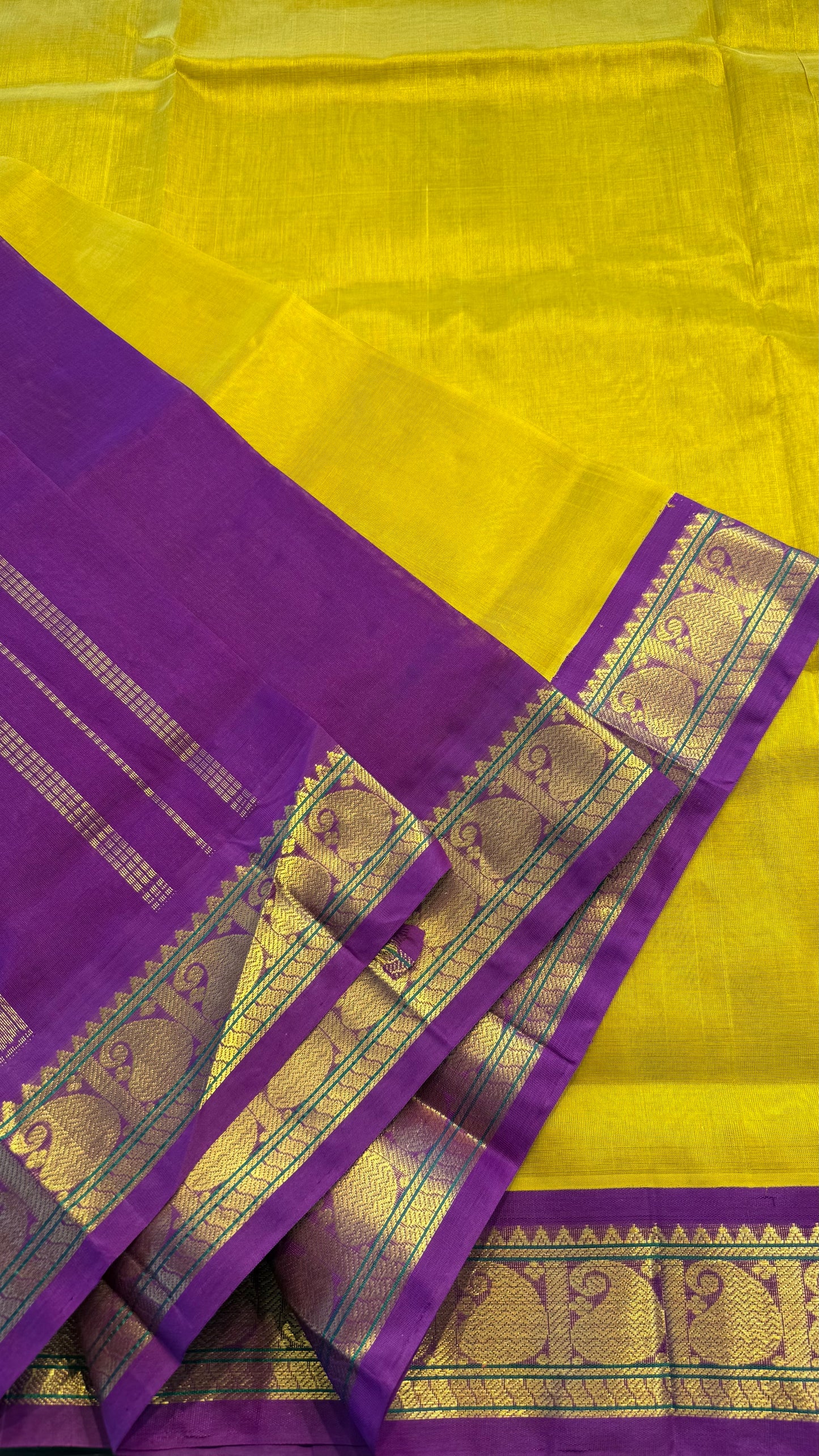 YELLOW WITH PURPLE HANDLOOM KANCHIPURAM SILK COTTON (KSC101)