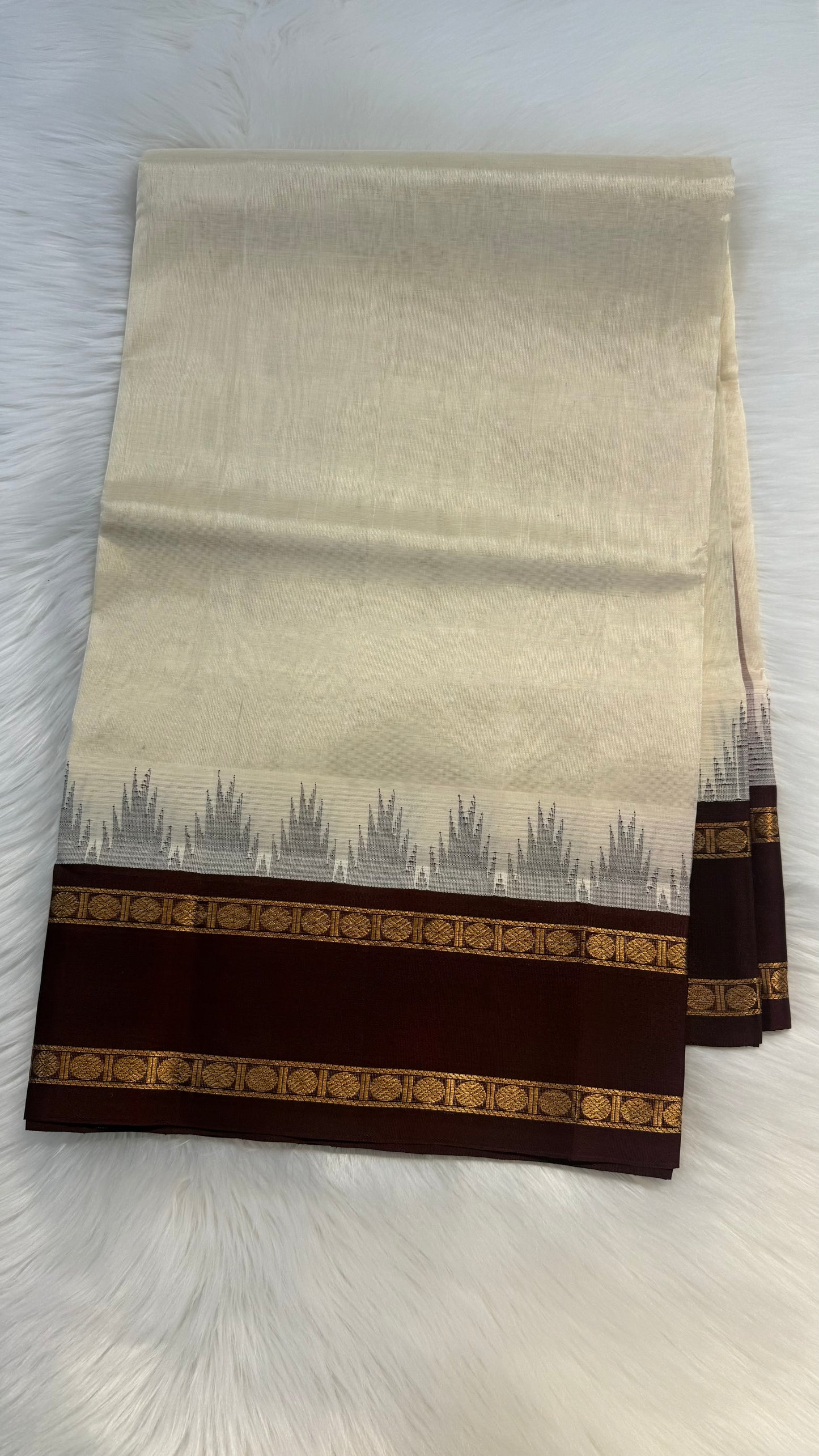 CREAM WITH MAROON TRADITIONAL RETTAI PETTA BORDER HANDLOOM KANCHIPURAM SILK COTTON (KSC43)