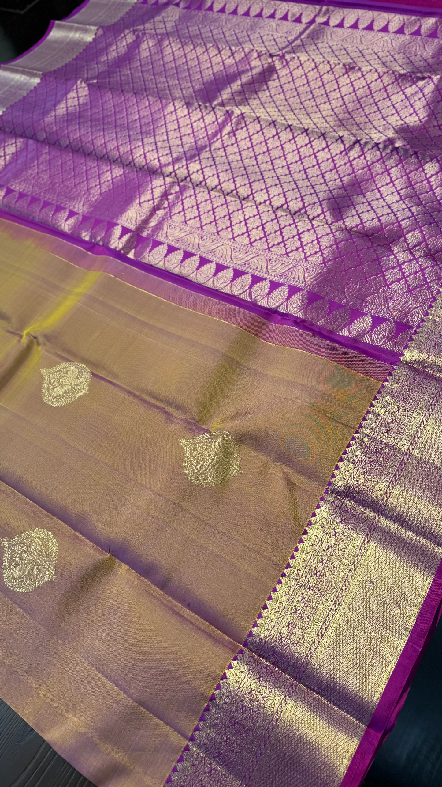DUAL TONE OLIVE ORANGE WITH PURPLE GOLD ZARI HANDLOOM KANICHIPURAM SILK SAREE (KSS247)