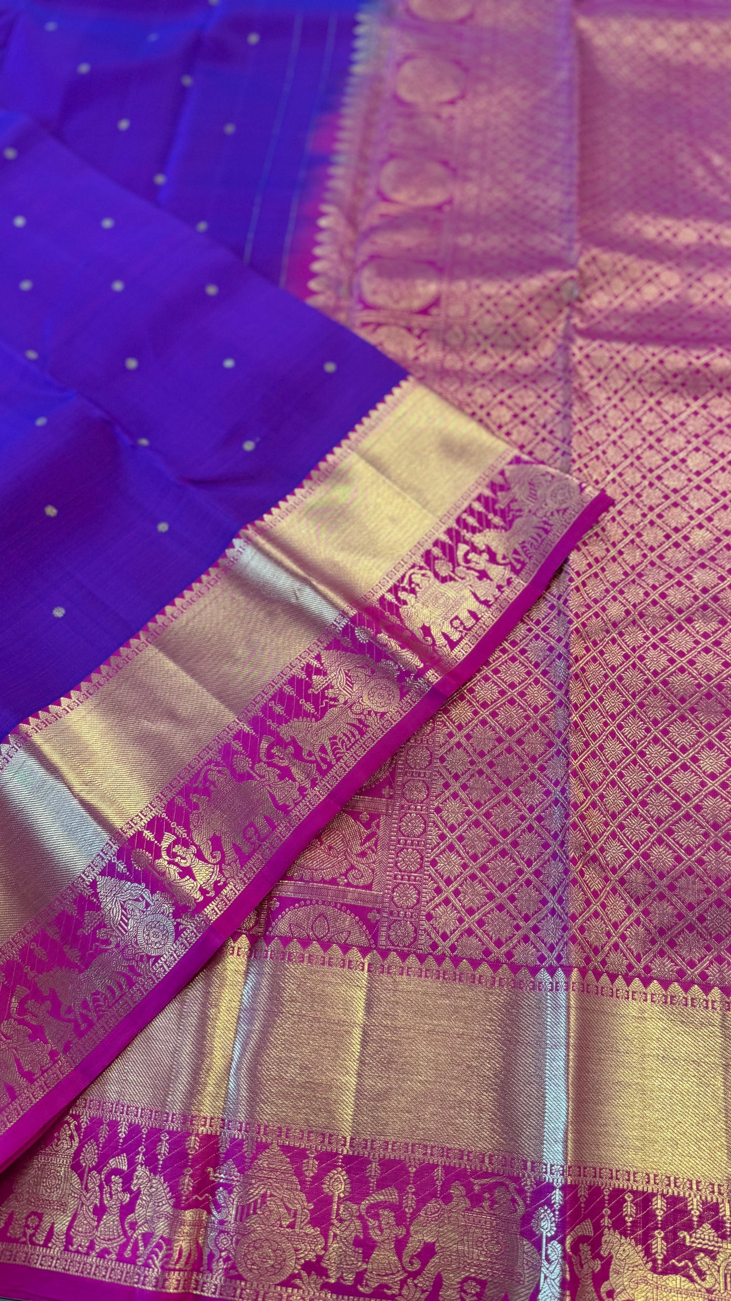PURPLE PALLAKKU WITH CONTRAST PINK GOLD ZARI HANDLOOM KANICHIPURAM SILK SAREE (KSS238)