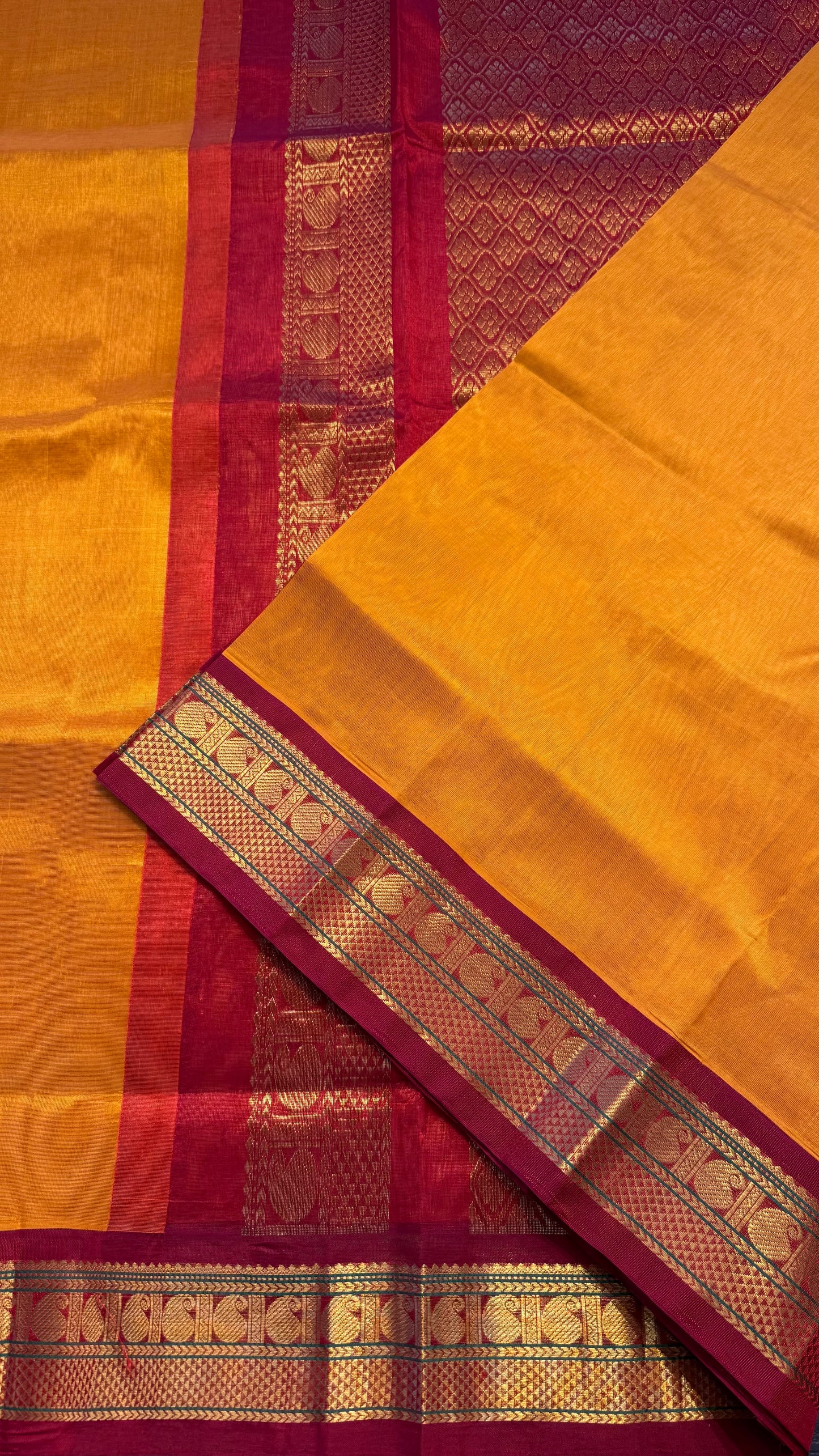 MANGO YELLOW WITH RED BORDER HANDLOOM KANCHIPURAM SILK COTTON (KSC66)