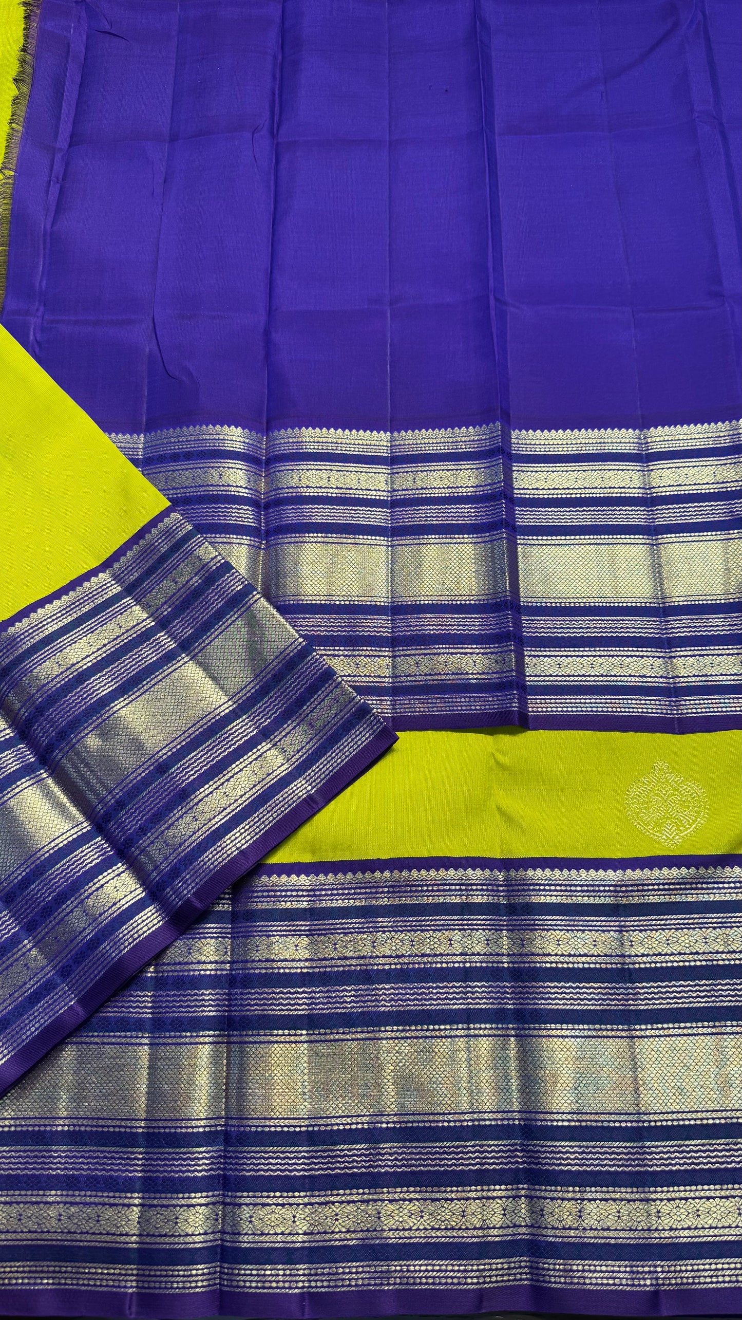 LIME YELLOW WITH CONTRAST PURPLE GOLD ZARI HANDLOOM KANCHIPURAM SILK SAREE (KSS448)