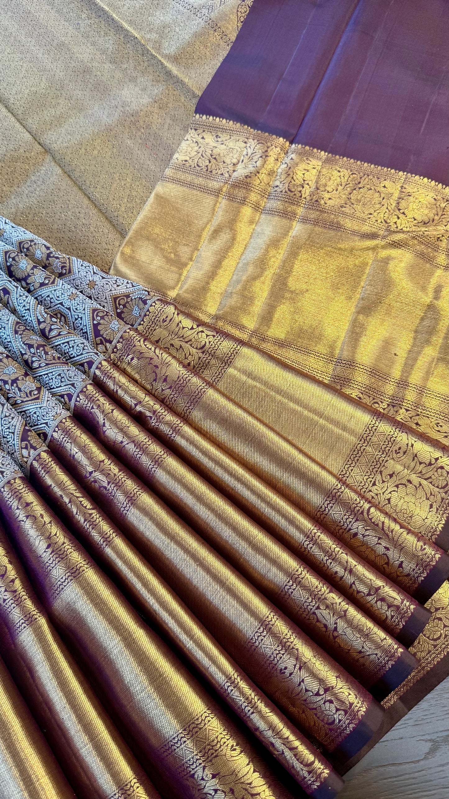 DARK RAISIN GOLD & SILVER ZARI BRIDAL HANDLOOM KANICHIPURAM SILK SAREE (KSS35)
