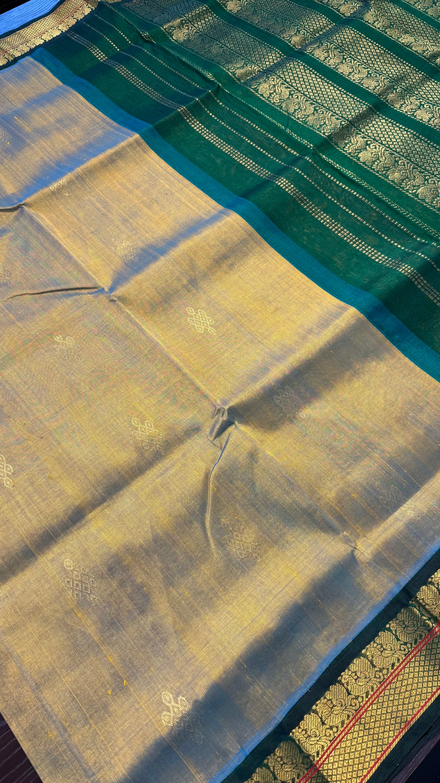 TURQUOISE GOLD WITH GREEN HANDLOOM KANCHIPURAM SILK COTTON (KSC114)
