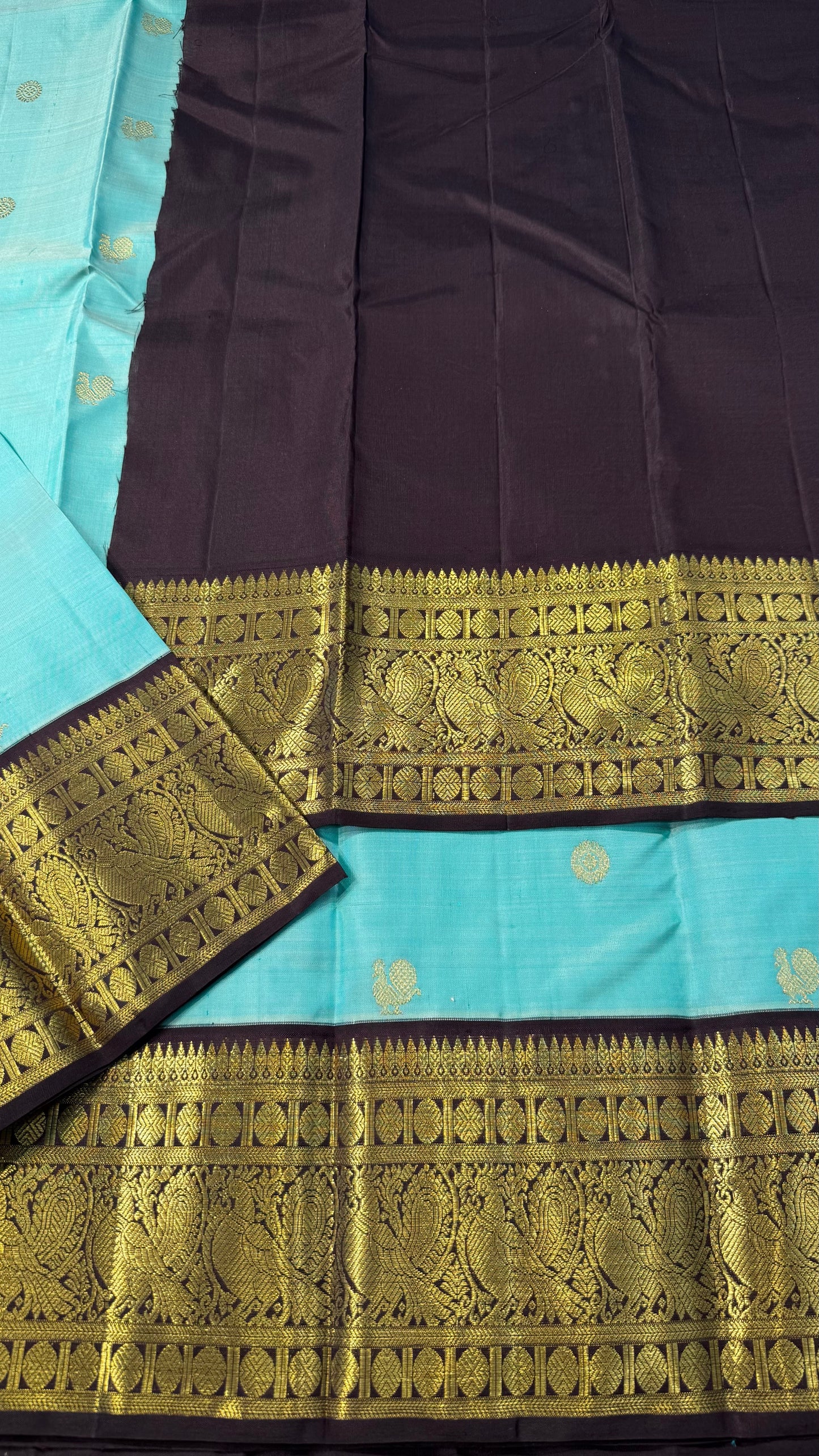 MINT GREEN WITH CONTRAST DARK BROWN BORDER PURE HANDLOOM KANCHIPURAM SILK SAREE (KSS491)