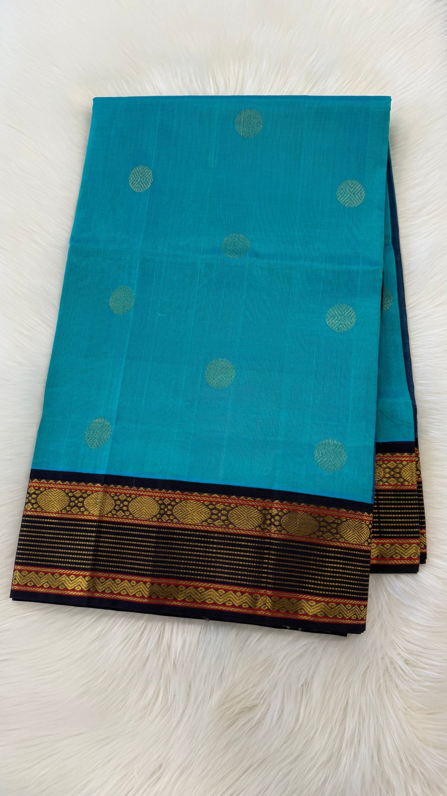 TURQUIOSE BLUE WITH CONTRAST BLACK HANDLOOM KANCHIPURAM SILK COTTON (KSC18)