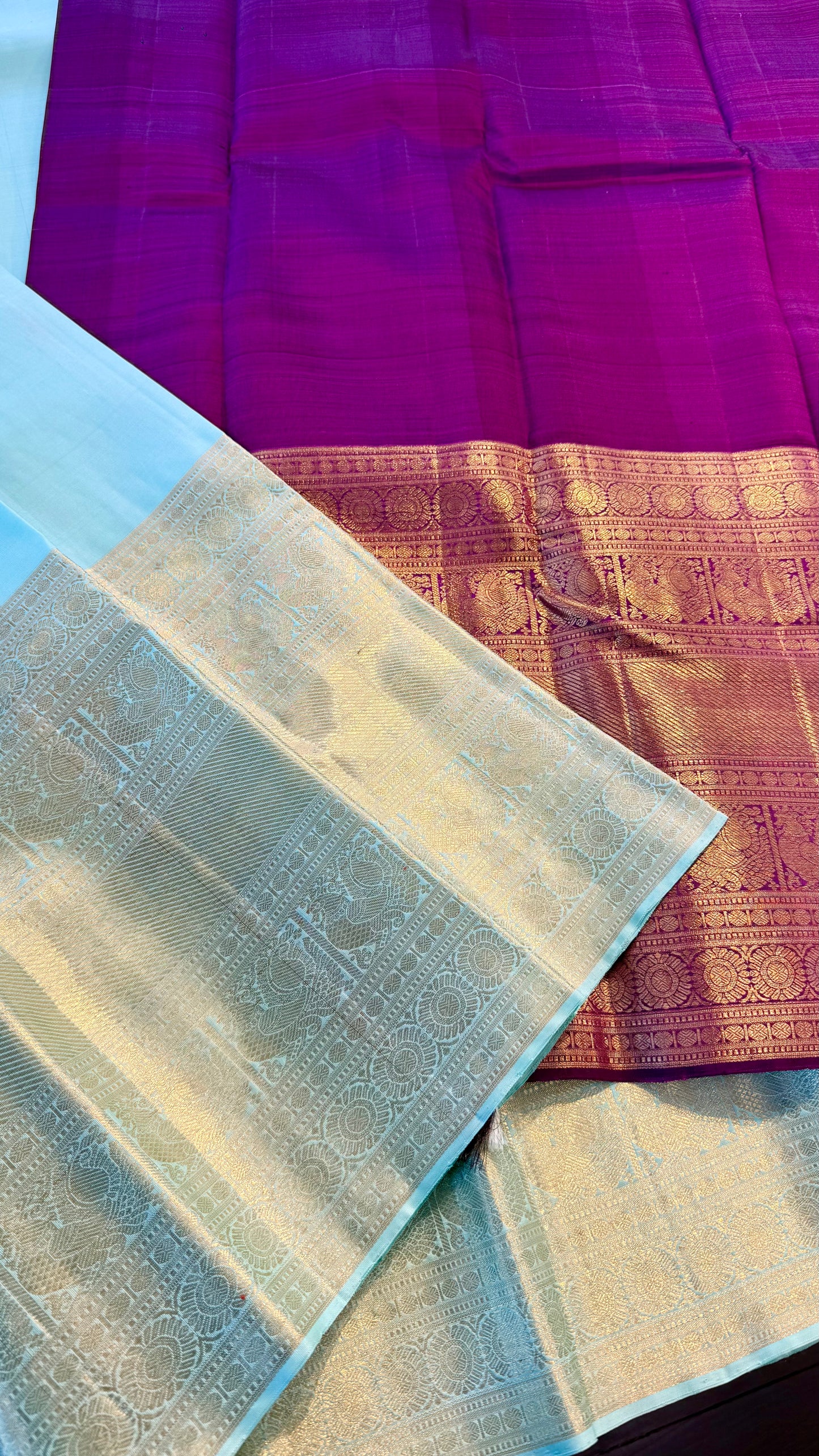 TIFFANY BLUE WITH CONTRAST VADAMALLI PURPLE BLOUSE HANDLOOM KANICHIPURAM SILK SAREE (KSS16)