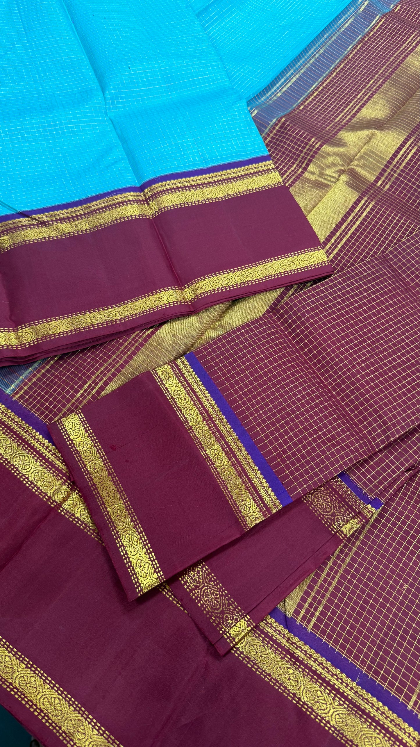 TURQUOISE BLUE KATTAM RETTA PETTA GOLD ZARI HANDLOOM PURE KANICHIPURAM SILK SAREE (KSS225)