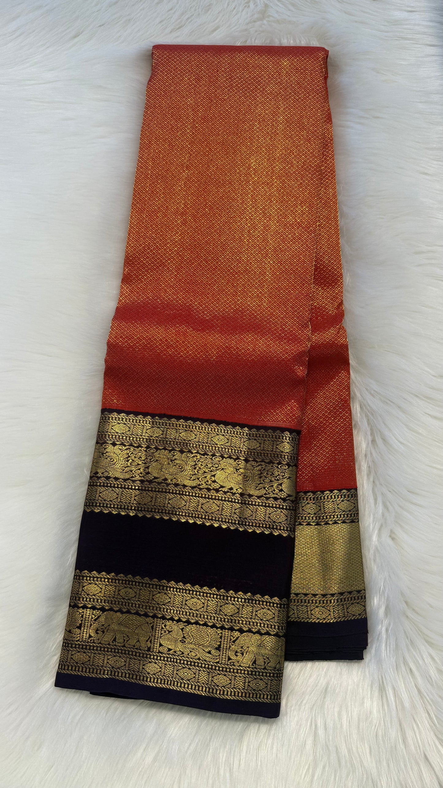 RUST ORANGE WITH CONTRAST DEEP PURPLE GOLD ZARI HANDLOOM KANICHIPURAM SILK SAREE (KSS139)