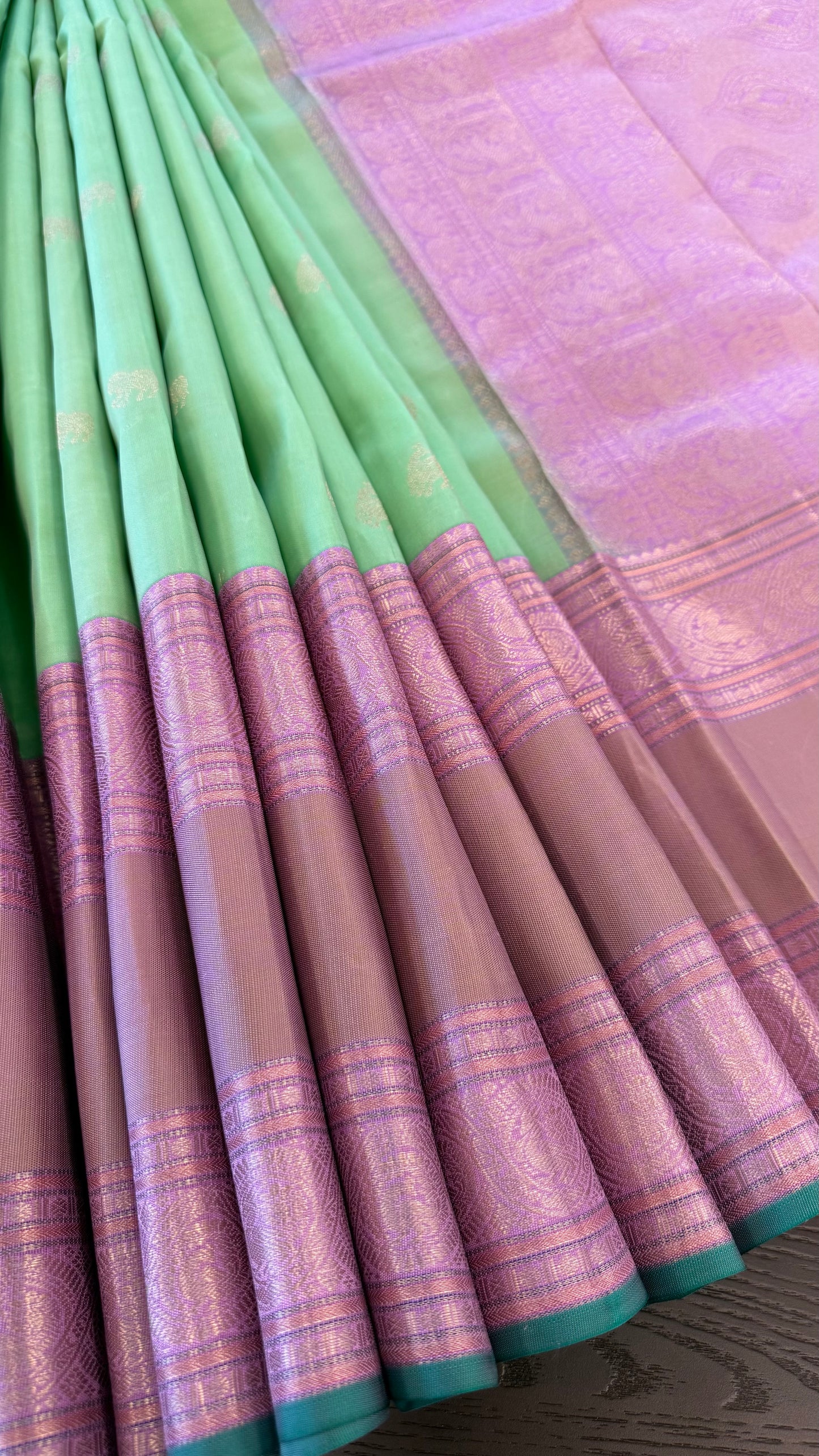 MINT GREEN WITH CONTRAST LILAC HANDLOOM KANICHIPURAM SILK SAREE (KSS278)