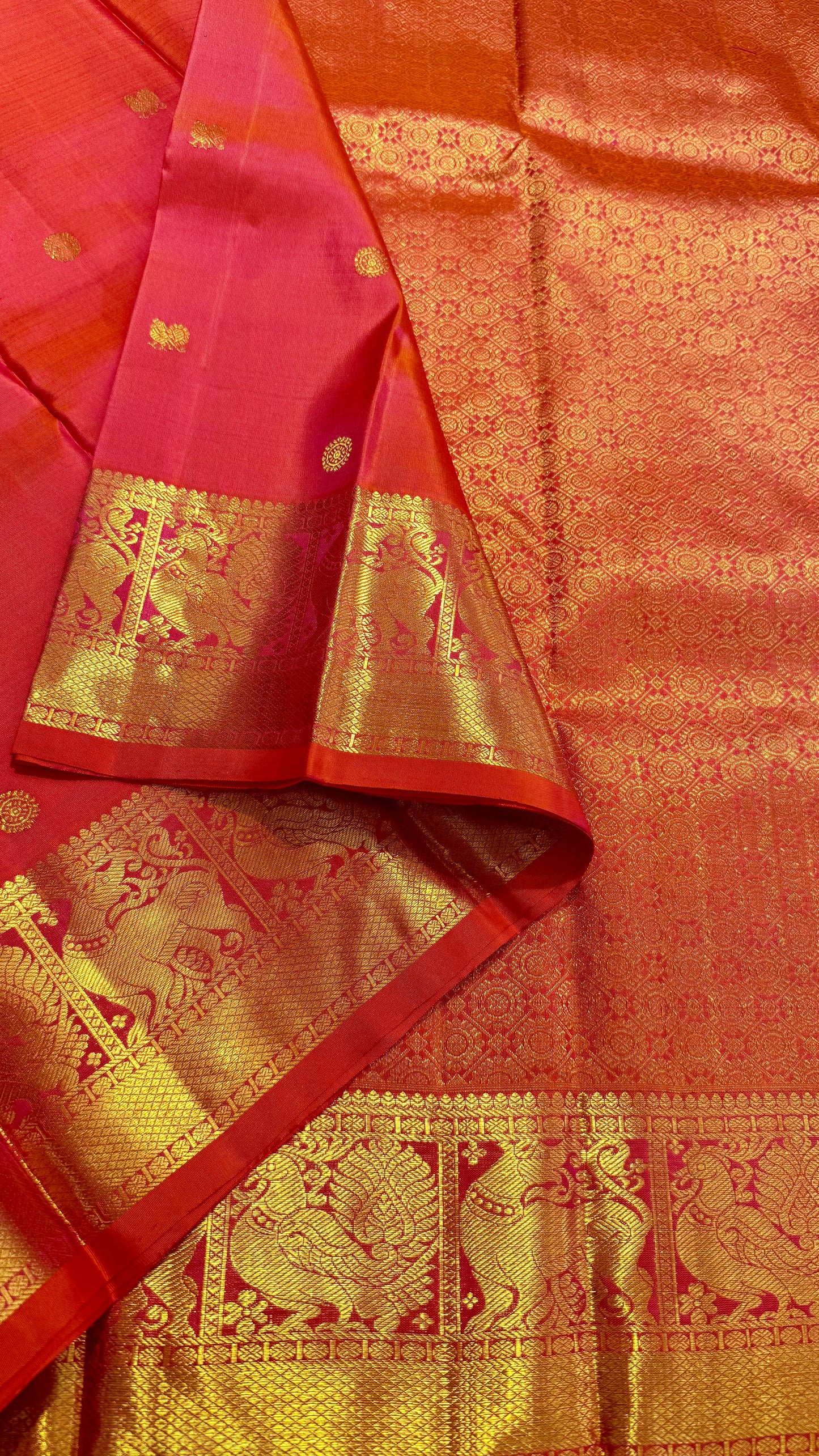DUAL TONE RANI PINK & KANAKAMBARAM ORANGE PURE KANICHIPURAM HANDLOOM SILK SAREE (KSS04)