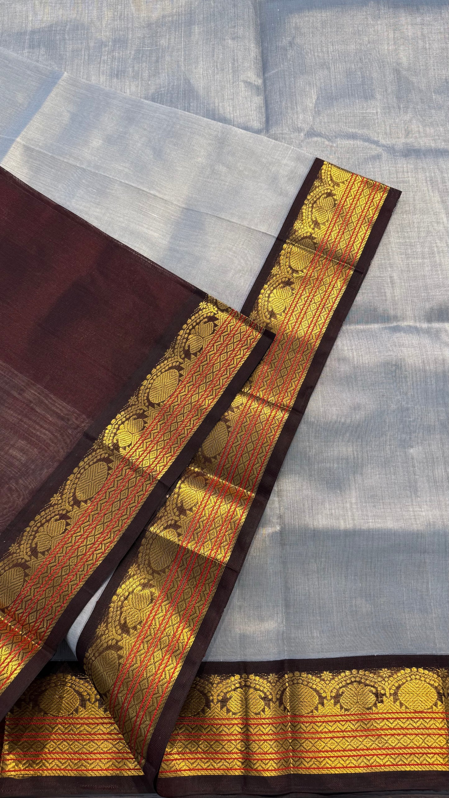 ASH GREY WITH CONTRAST DARK BROWN KANCHIPURAM SILK COTTON (KSC06)