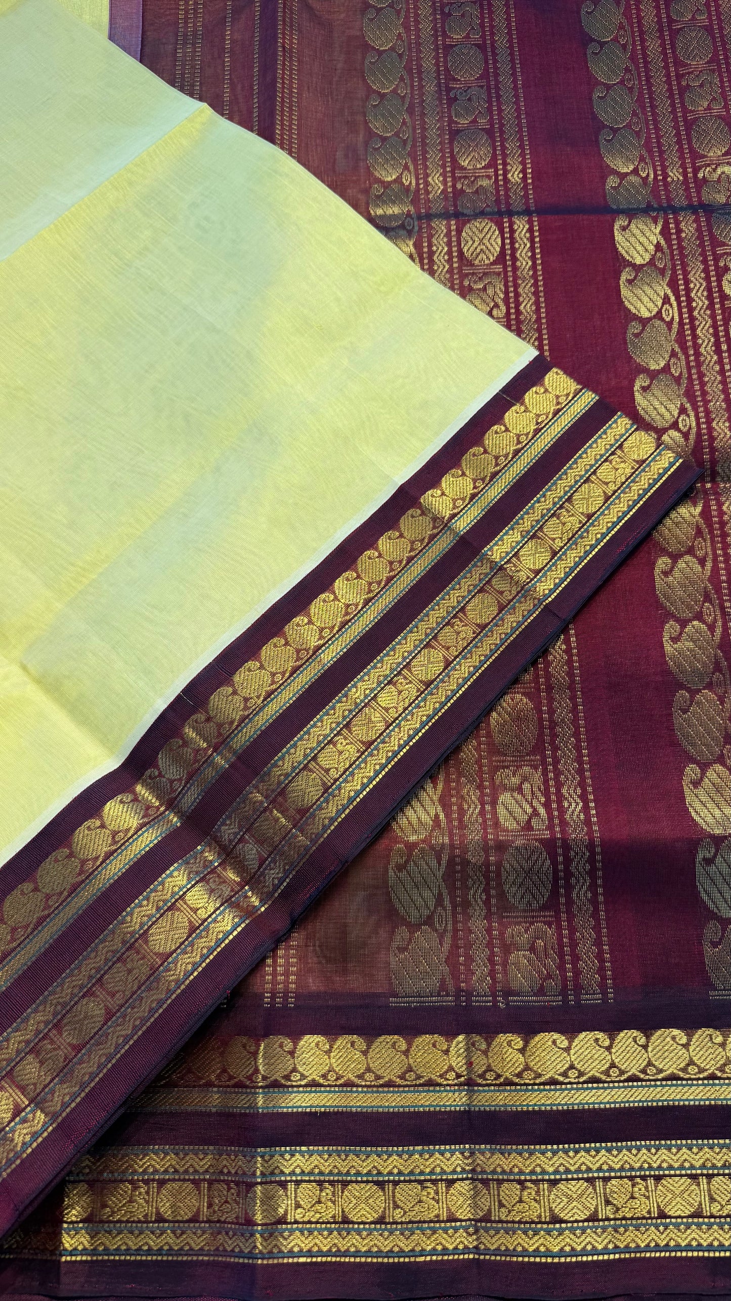 LIME YELLOW WITH MAROON HANDLOOM KANCHIPURAM SILK COTTON (KSC118)
