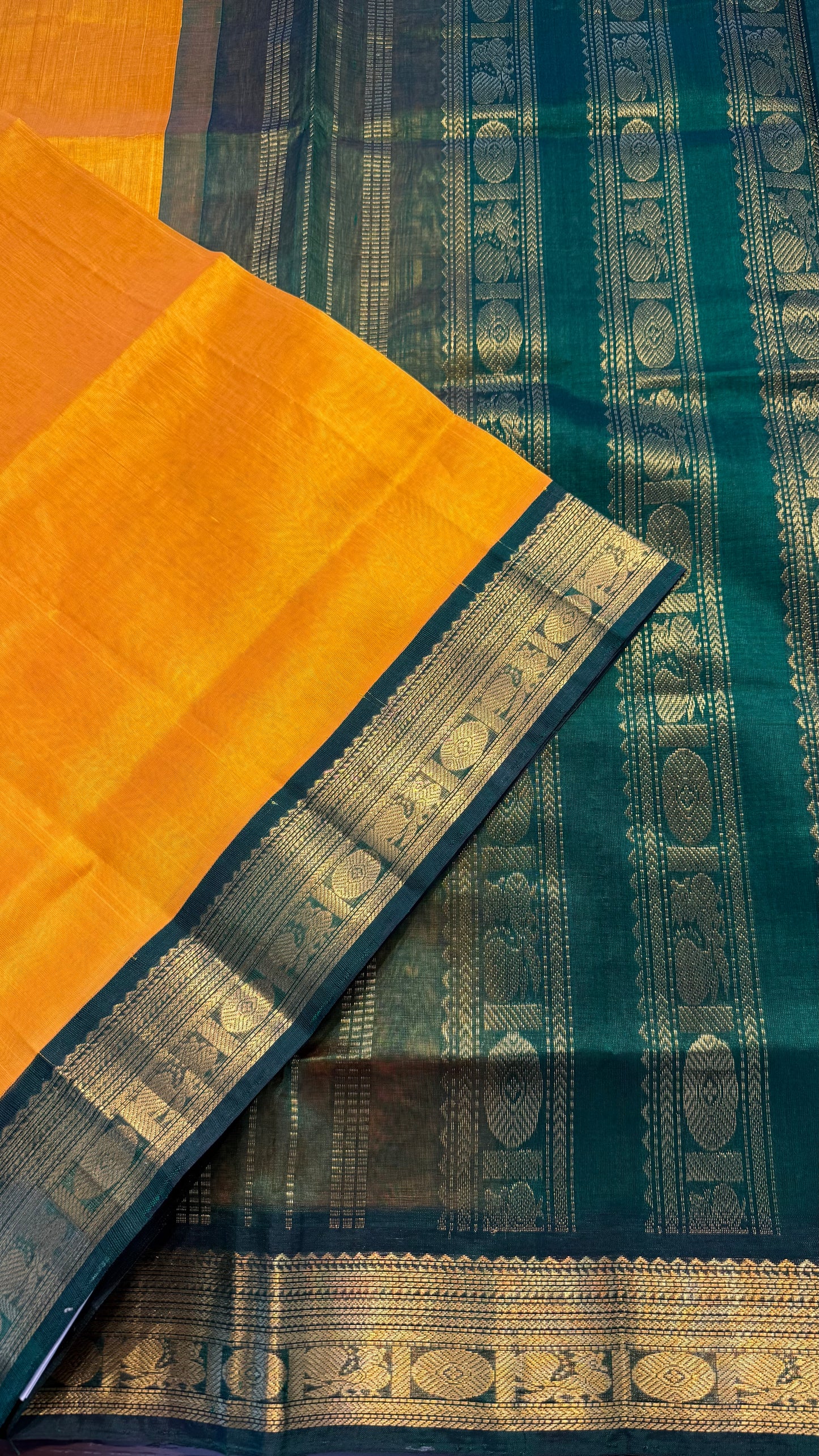 YELLOW WITH CONTRAST GREEN KANCHIPURAM SILK COTTON (KSC65)