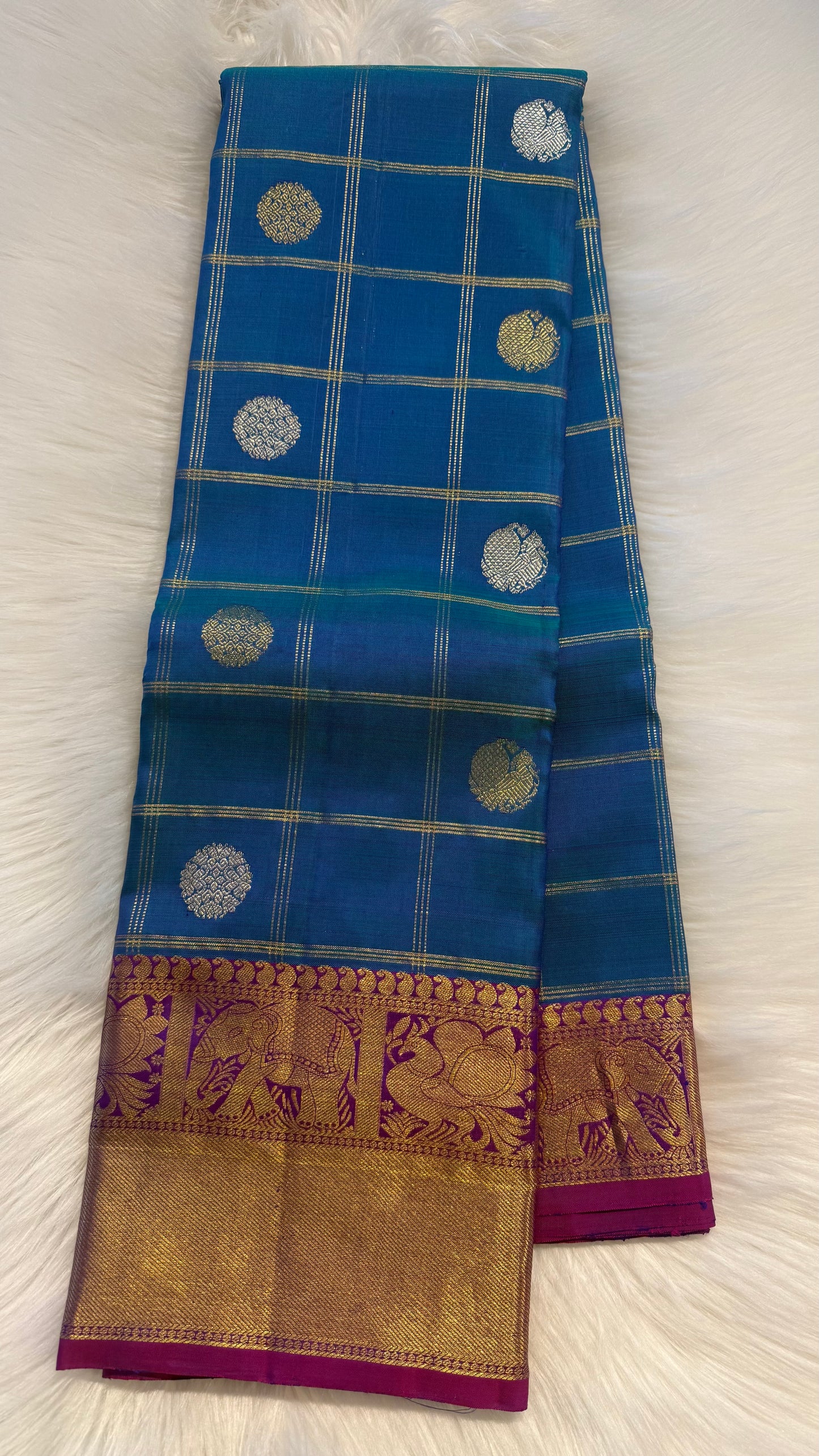 PEACOCK BLUE CHECKED WITH PURPLE GOLD ZARI HANDLOOM KANCHIPURAM SILK SAREE (KSS416)