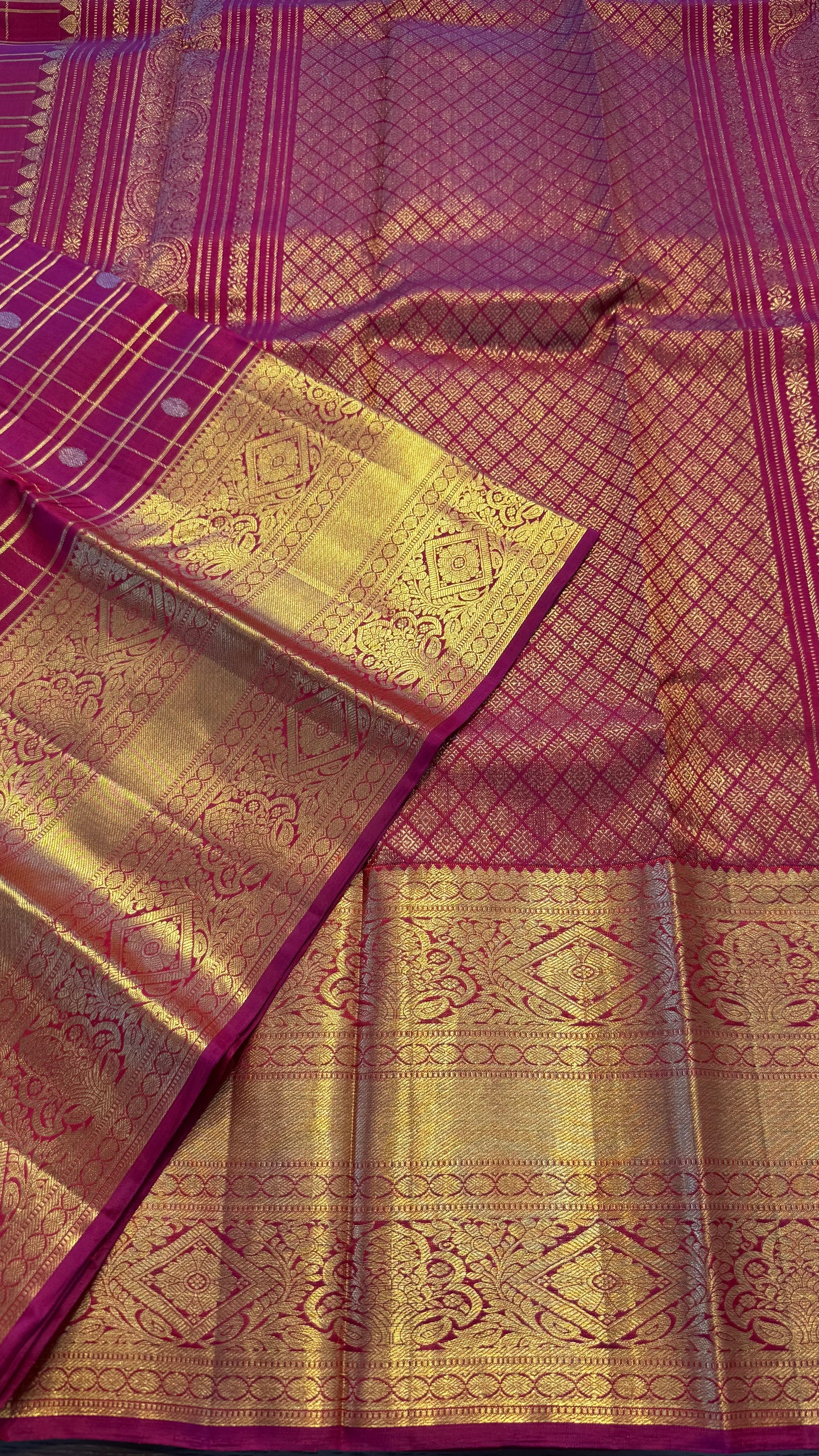 MAGENTA PINK CHECKED GOLD ZARI HANDLOOM KANCHIPURAM SILK SAREE (KSS274)