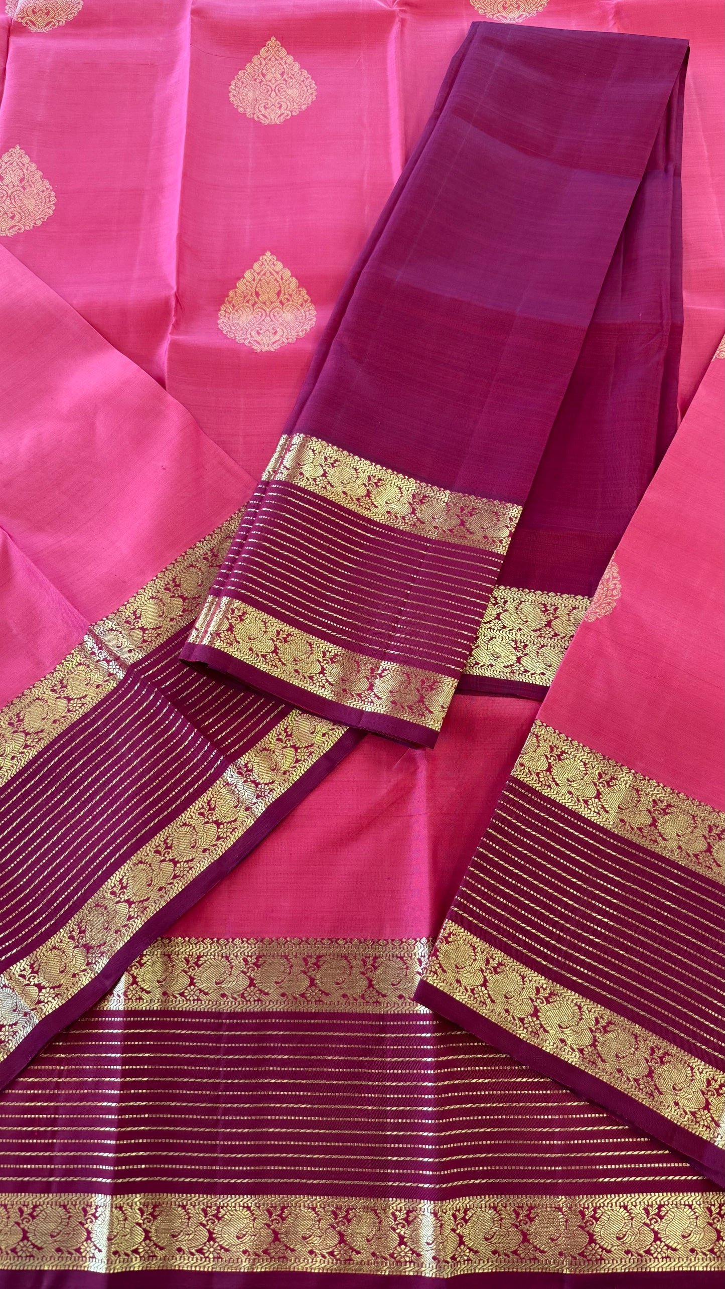 ROSE PINK WITH CONTRAST MAROON GOLD ZARI HANDLOOM KANICHIPURAM SILK SAREE (KSS158)