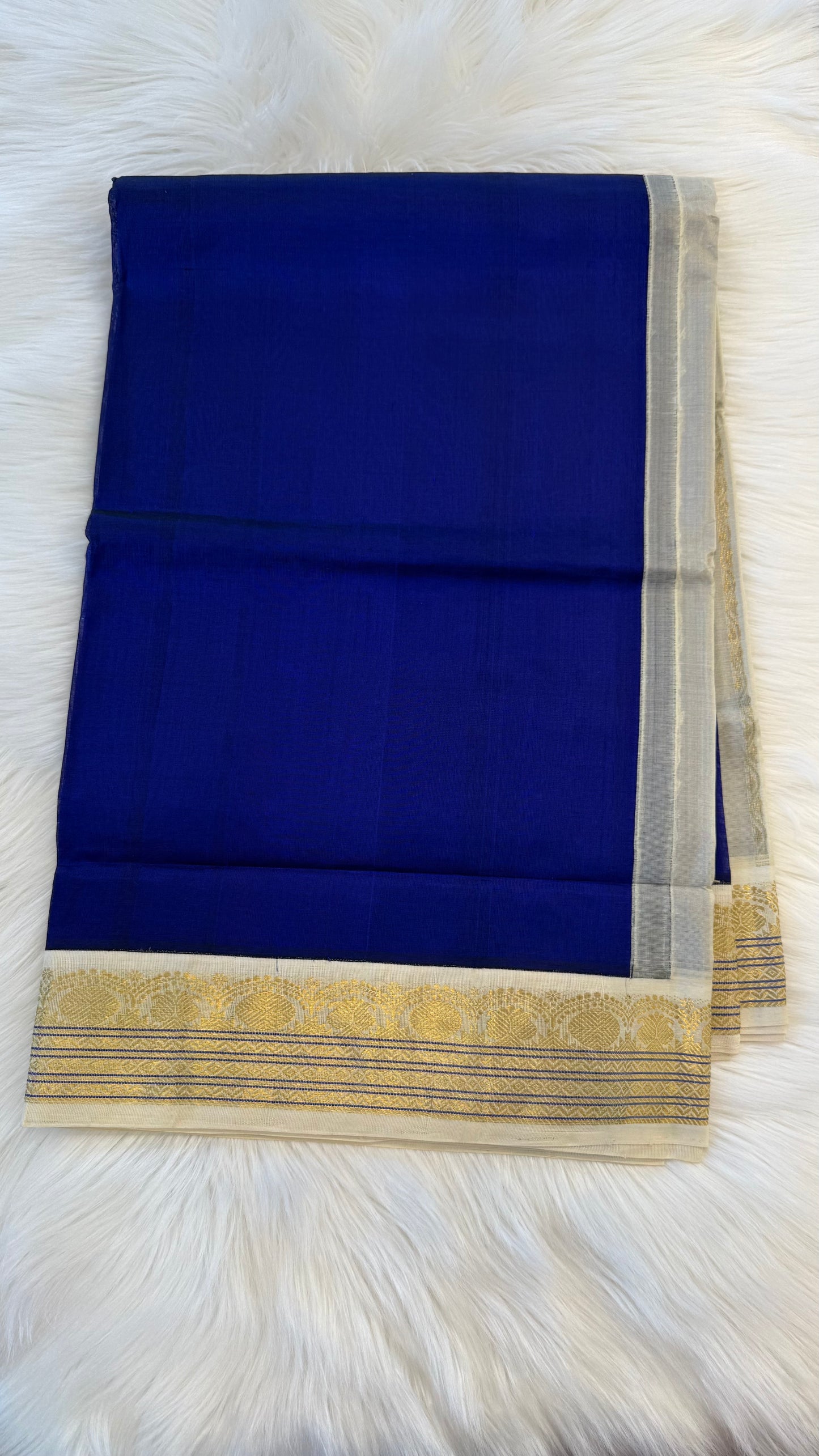 ROYAL BLUE WITH CREAM WHITE HANDLOOM KANCHIPURAM SILK COTTON (KSC27)