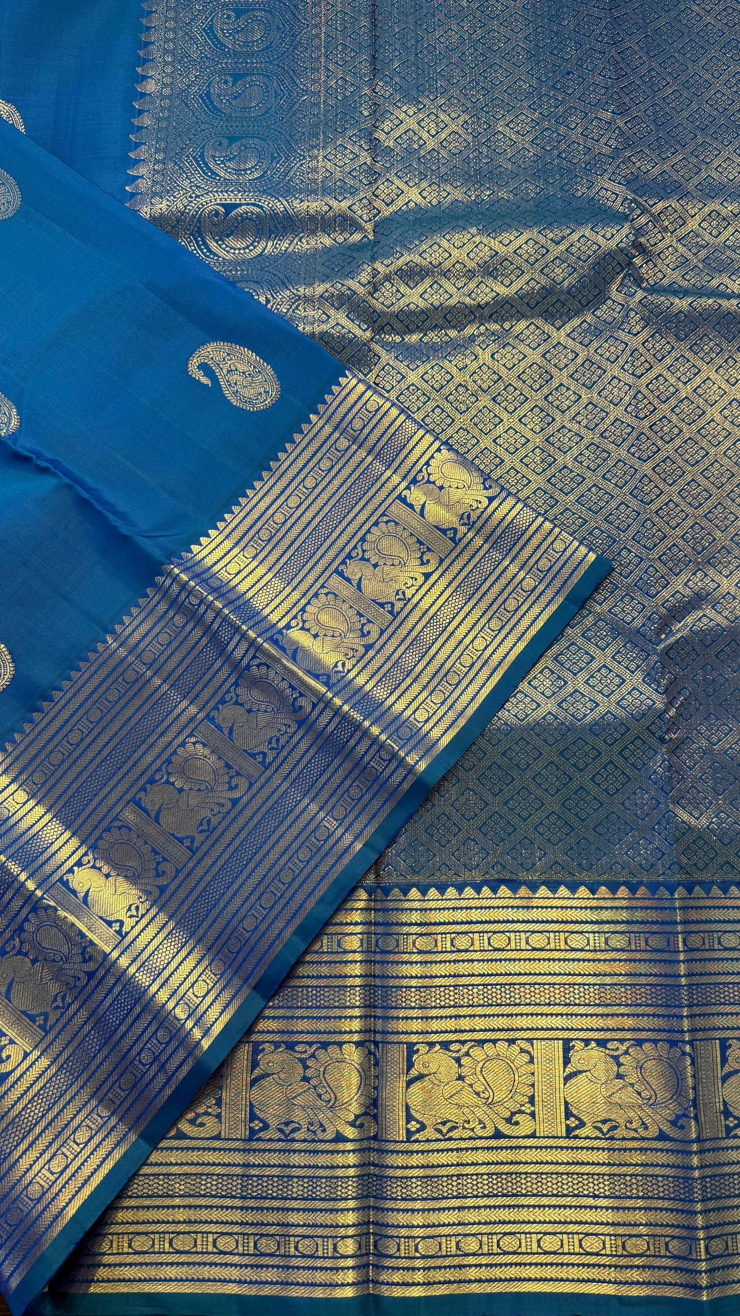 PEACOCK BLUE GOLD ZARI HANDLOOM KANCHIPURAM SILK SAREE (KSS303)
