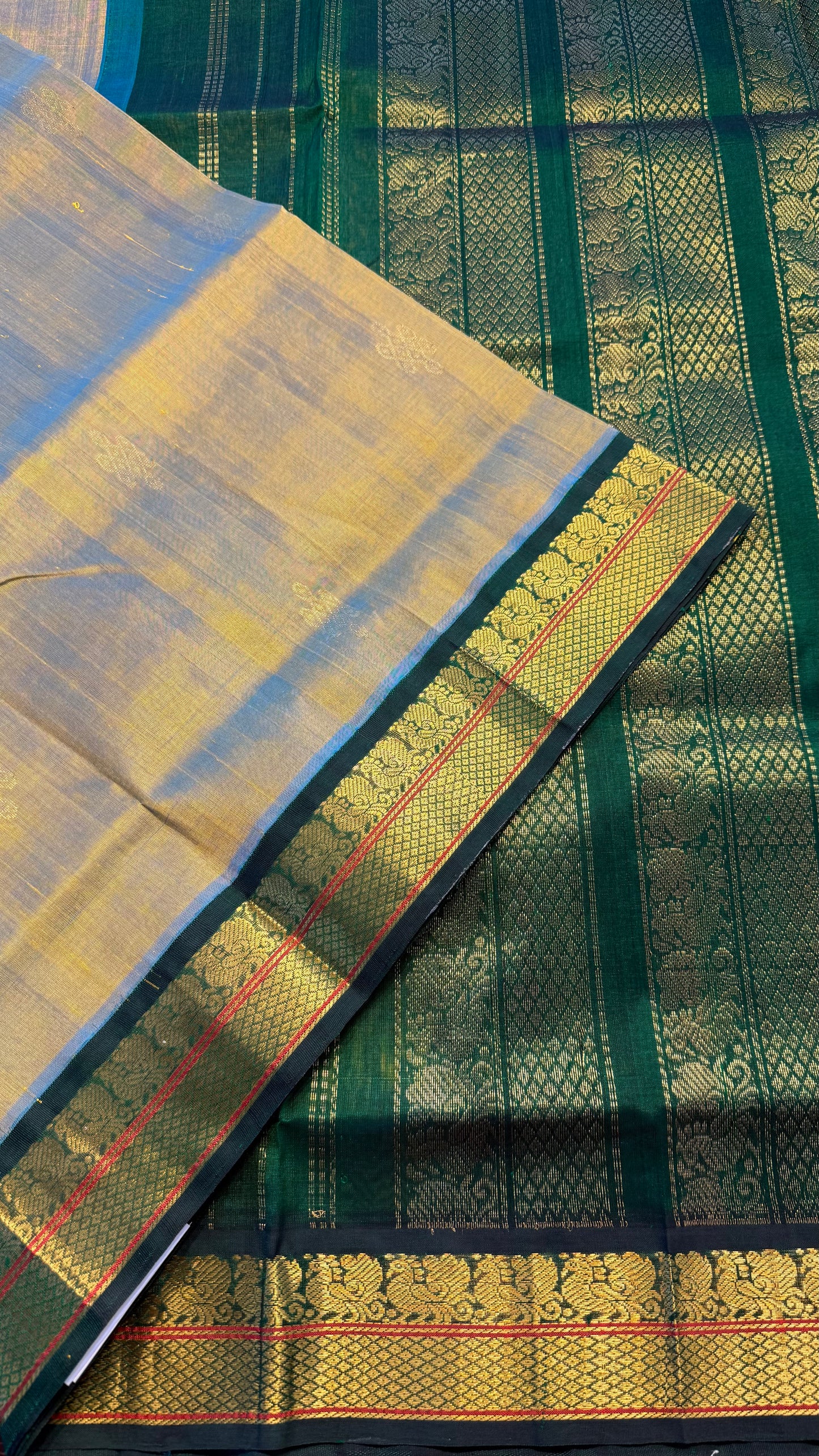 TURQUOISE GOLD WITH GREEN HANDLOOM KANCHIPURAM SILK COTTON (KSC114)