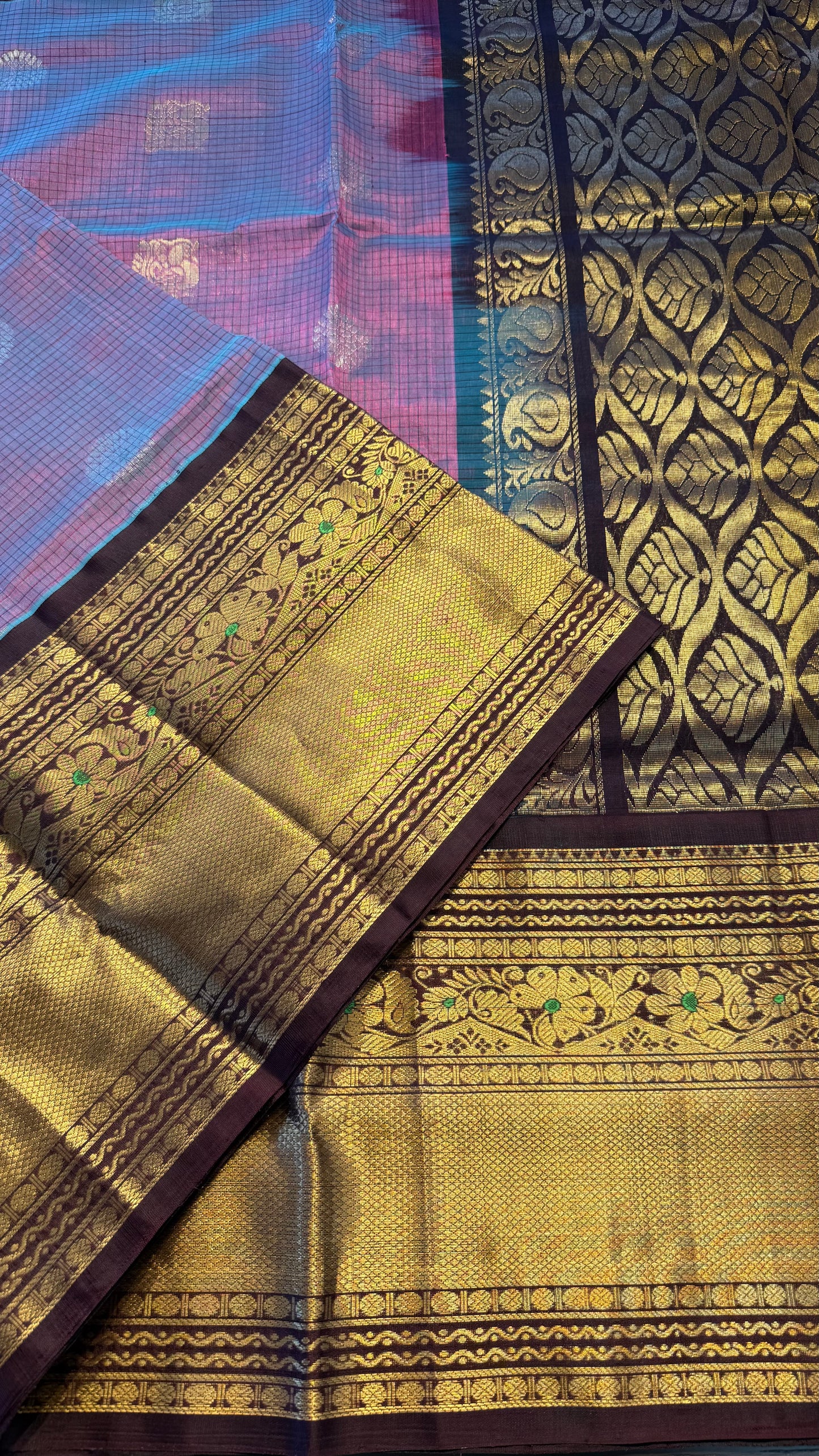 DUAL TONE BLUE PURPLE WITH CONTRAST DARK BROWN MANGALAGIRI SILK COTTON (MSC01)