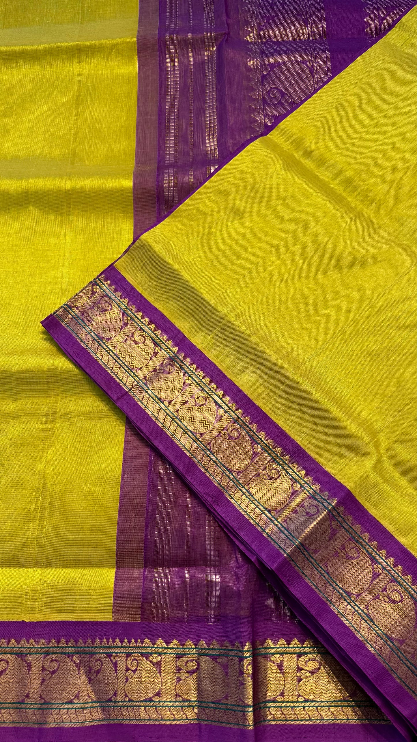 METALLIC YELLOW WITH PURPLE HANDLOOM KANCHIPURAM SILK COTTON (KSC99)