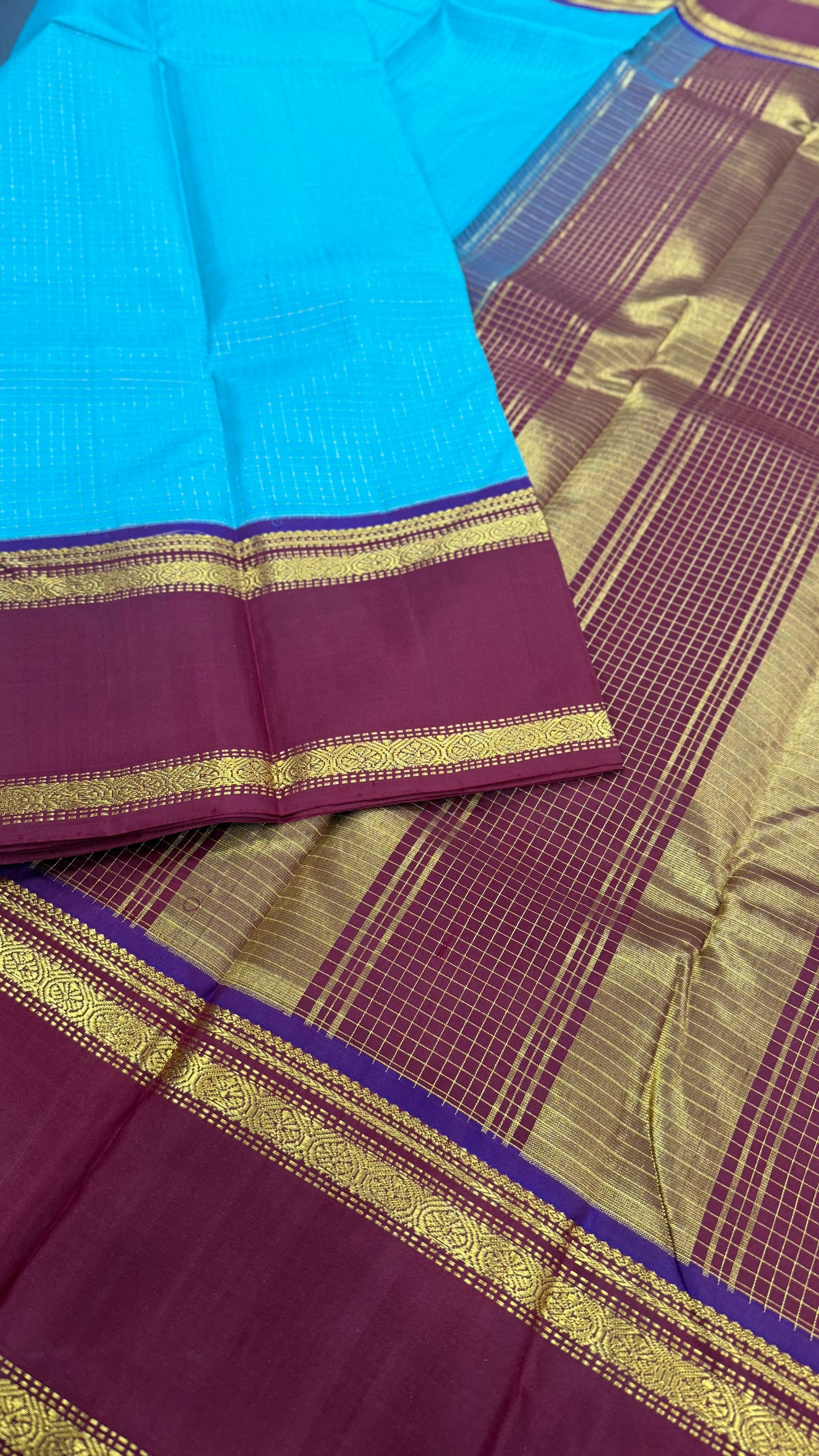 TURQUOISE BLUE KATTAM RETTA PETTA GOLD ZARI HANDLOOM PURE KANICHIPURAM SILK SAREE (KSS225)