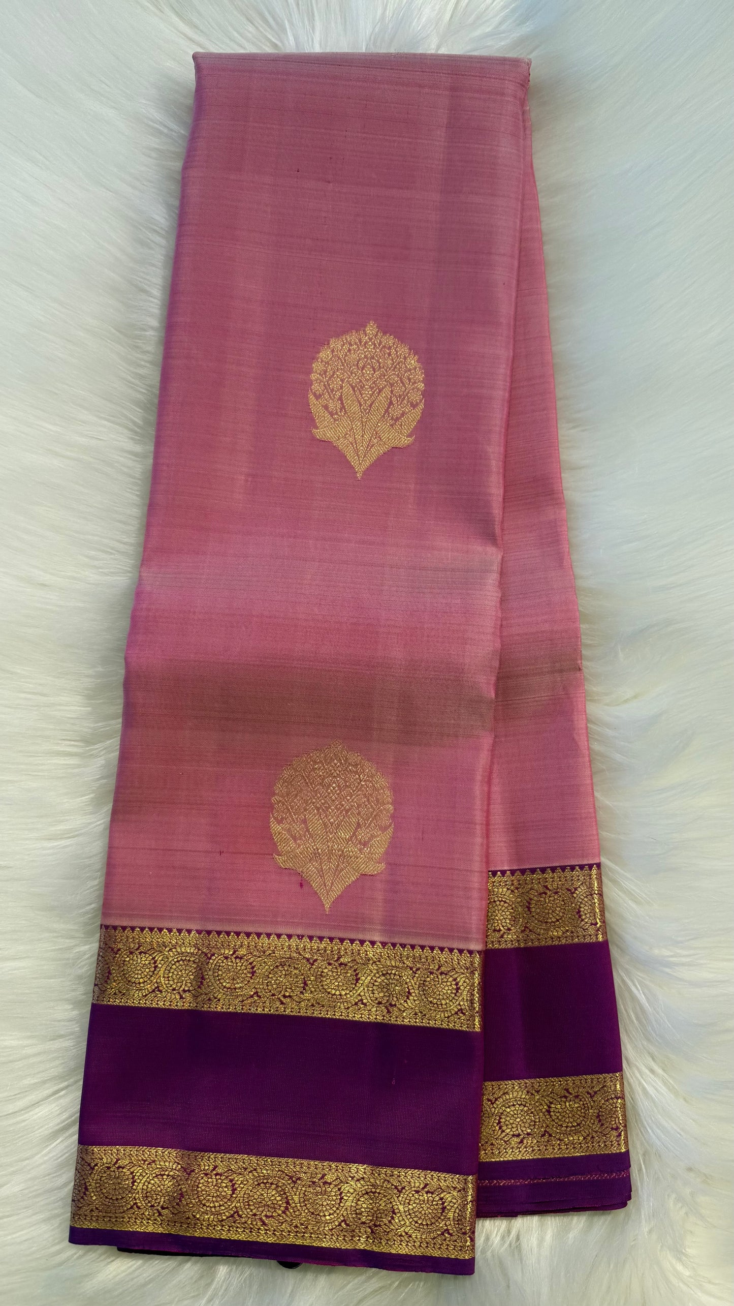 LIGHT PASTEL PINK WITH CONTRAST MAGENTA PURPLE KANCHIPURAM HANDLOOM SILK SAREE (KSS343)