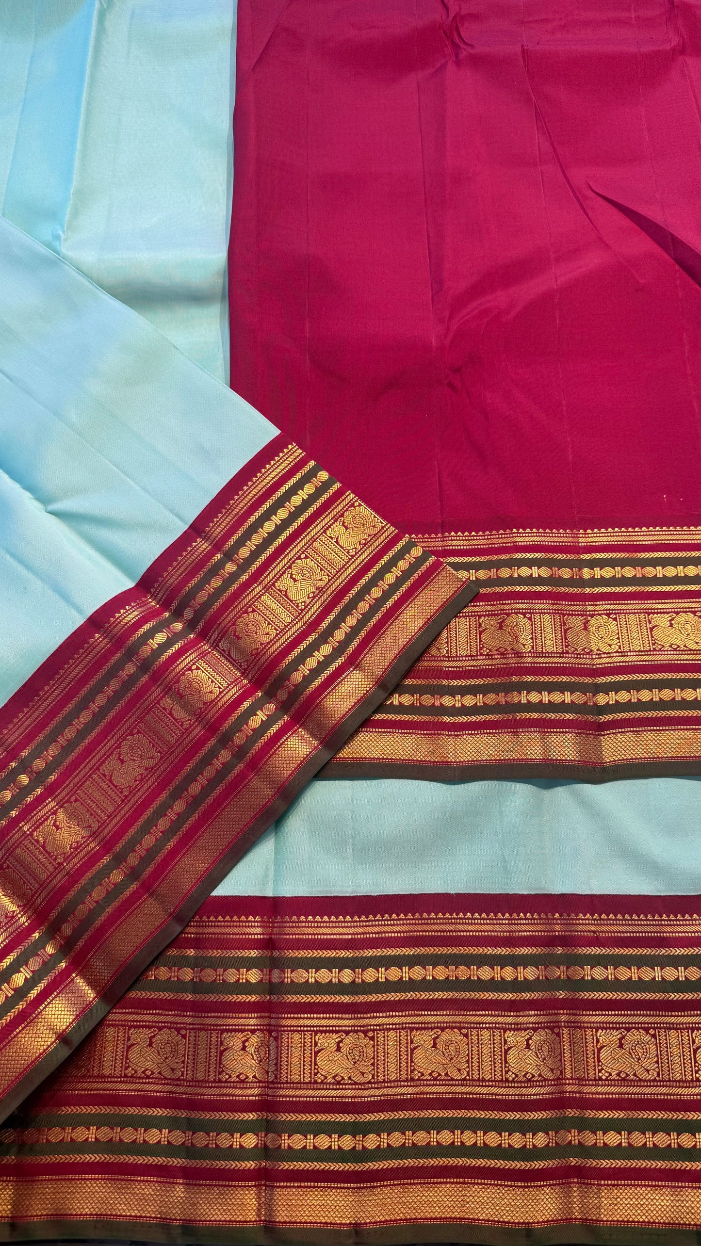 AQUA BLUE WITH CONTRAST MAROON GOLD ZARI HANDLOOM KANCHIPURAM SILK SAREE (KSS295)