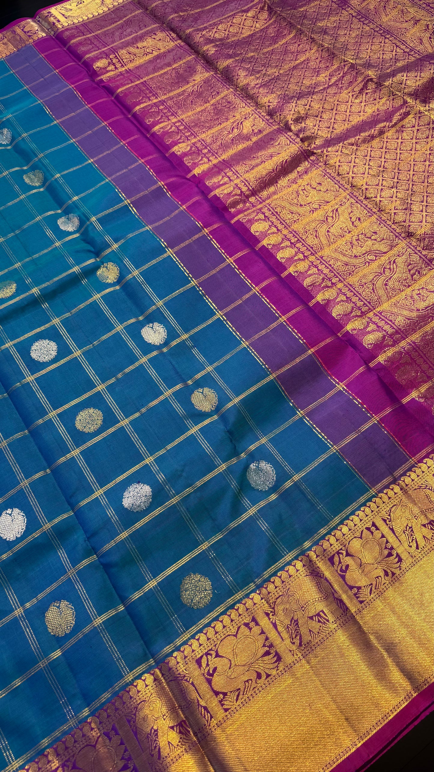 PEACOCK BLUE CHECKED WITH PURPLE GOLD ZARI HANDLOOM KANCHIPURAM SILK SAREE (KSS416)