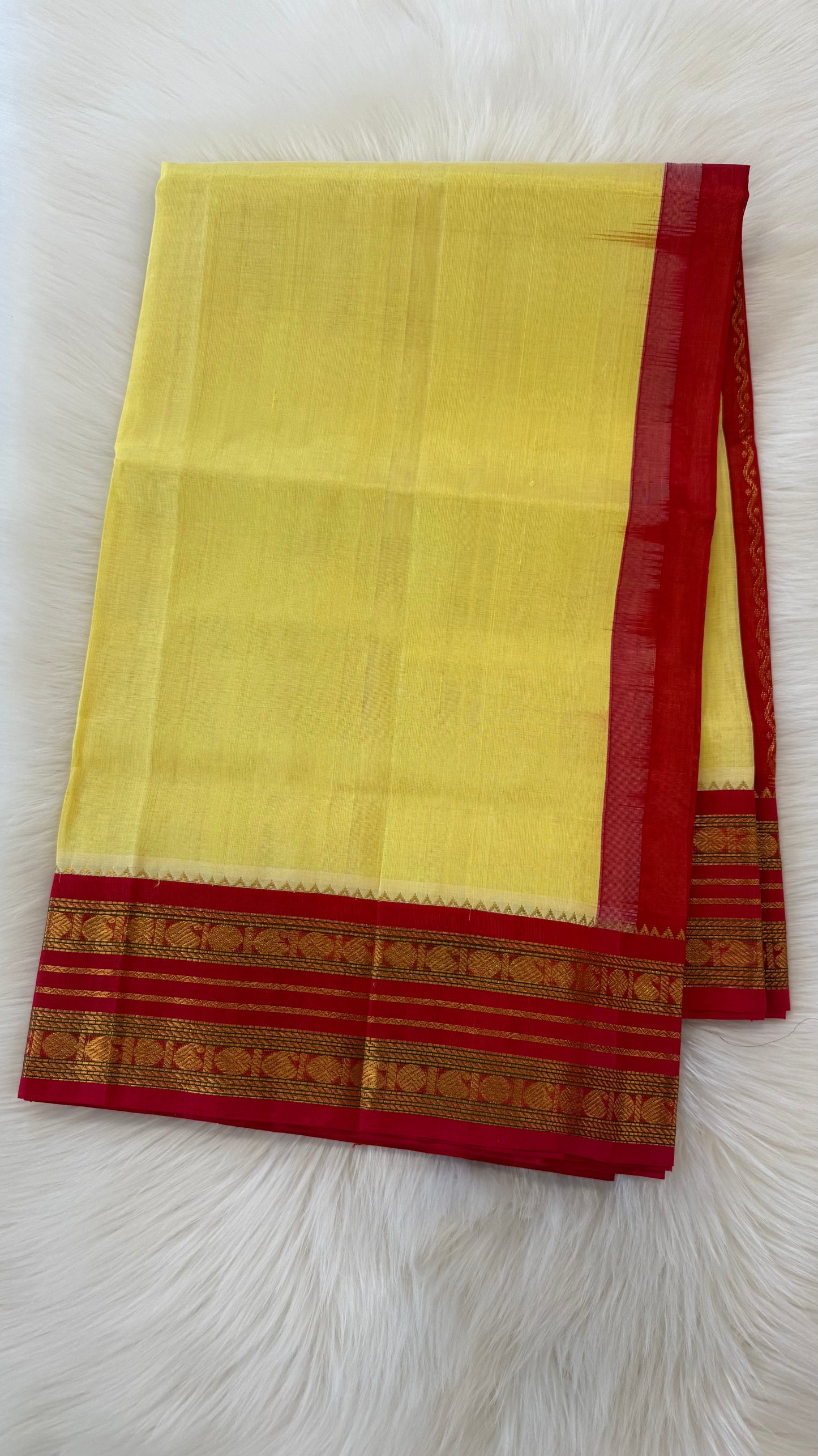 LEMON YELLOW WITH CHILLI RED HANDLOOM KANCHIPURAM SILK COTTON (KSC16)